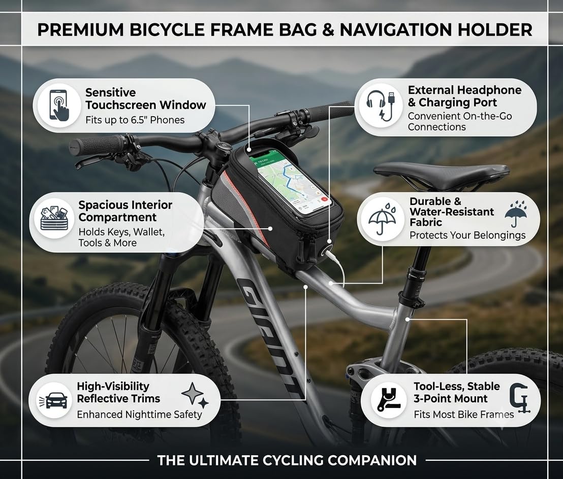 Ilsha® Rubber Bike Bag with Phone Holder for Mountain Bike, Handlebar Bag with Waterproof Touchscreen Phone Case for Every Phone (Black) 1