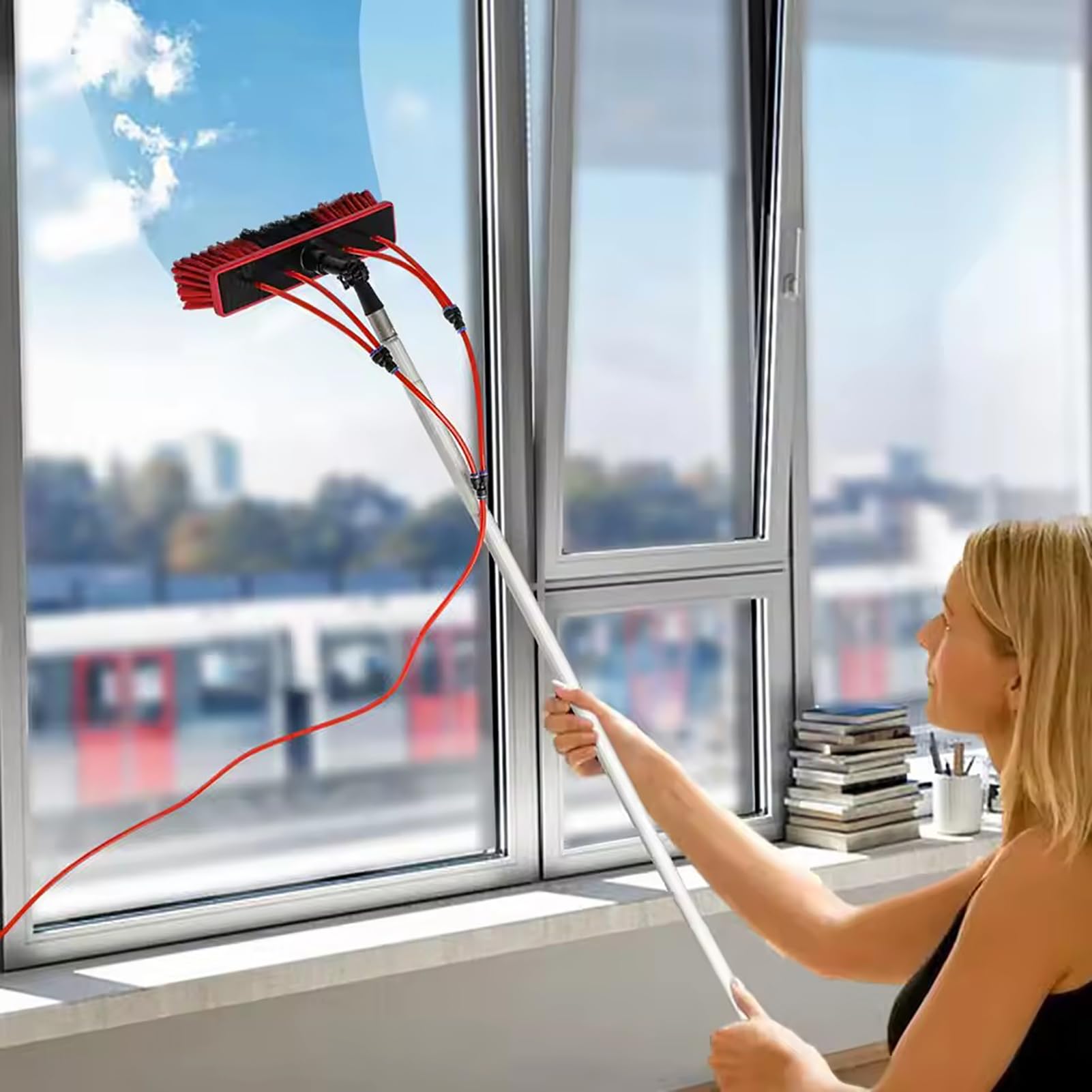 Kit con palo alimentato ad acqua, asta telescopica per la pulizia delle finestre, kit con spazzola per lavaggio ad acqua, per la pulizia del tetto, pannelli fotovoltaici e solari, 600 cm