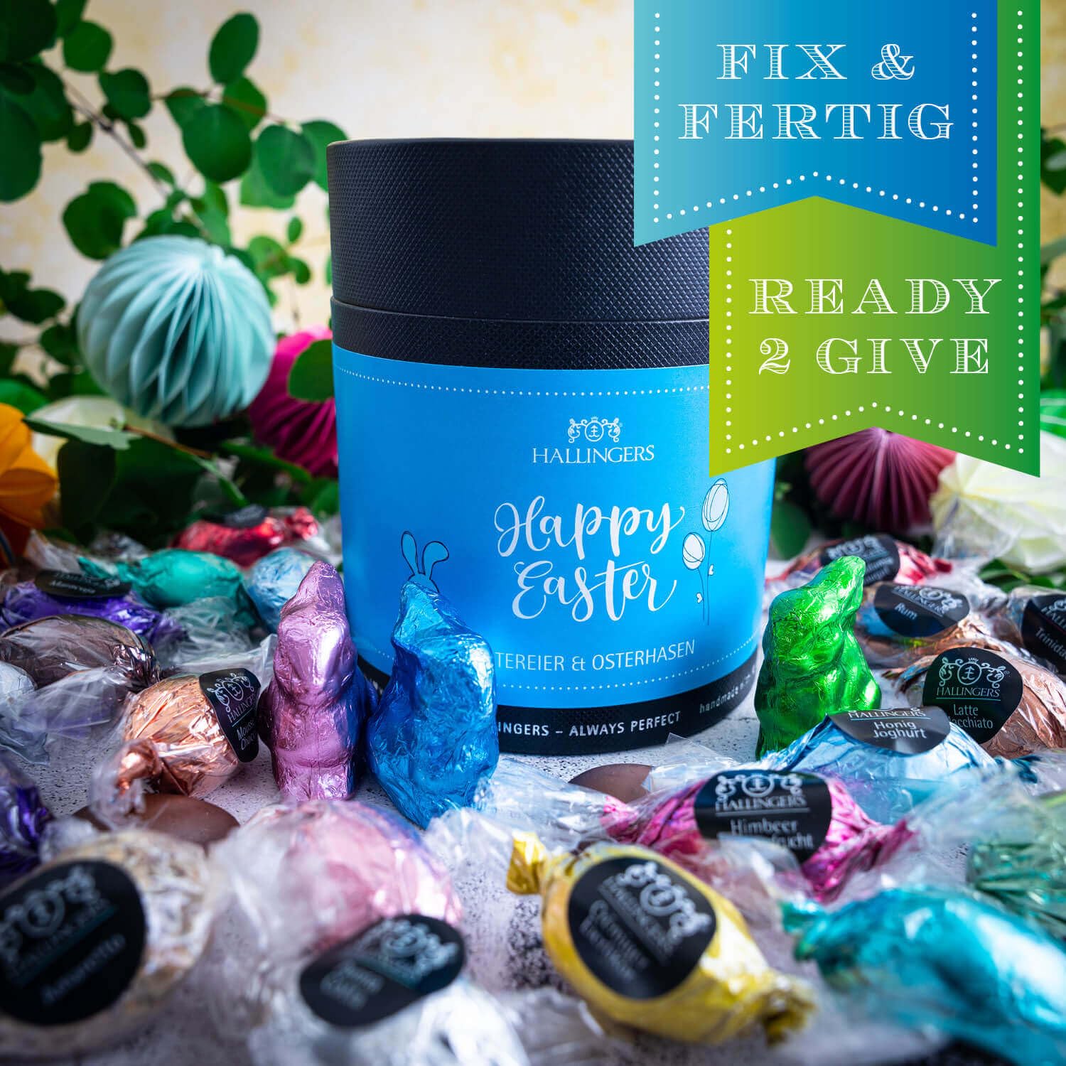 Hallingers Genuss Manufaktur Pralinen-Osterei Oster-Geschenk - mit & ohne Alkohol, handmade aus Edelkakao in wertiger Geschenkdose "Happy Easter", Ostern Körbchen für Frauen Männer