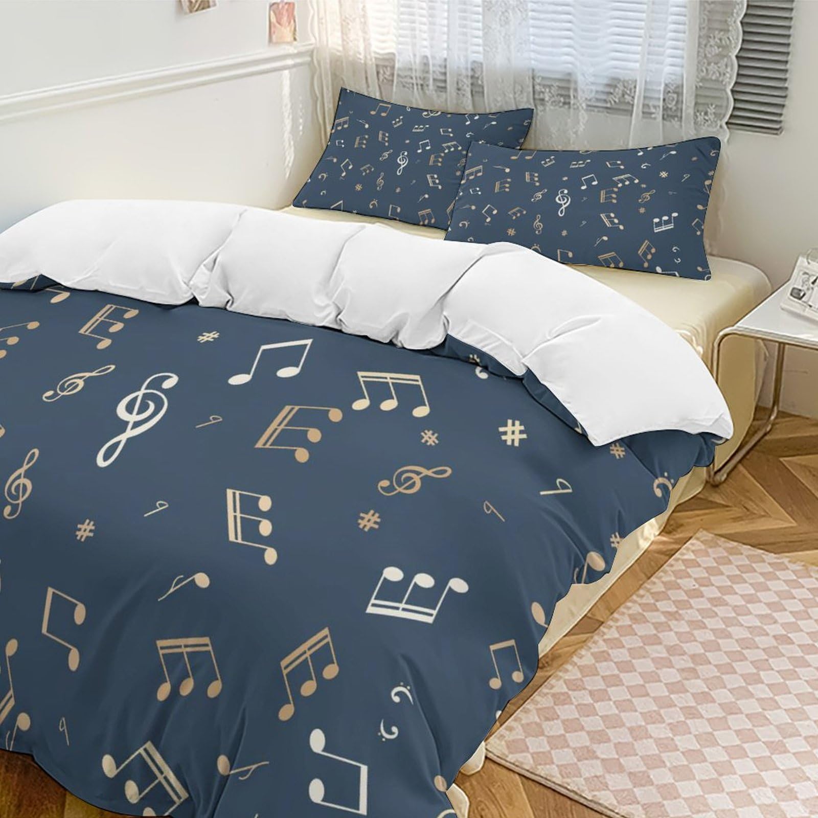 NAKANOベッドカバー大判 248×238青リボンステッチ Amazon｜音符柄 音譜柄 五線譜柄 ベッド3点セット 布団カバー シングル