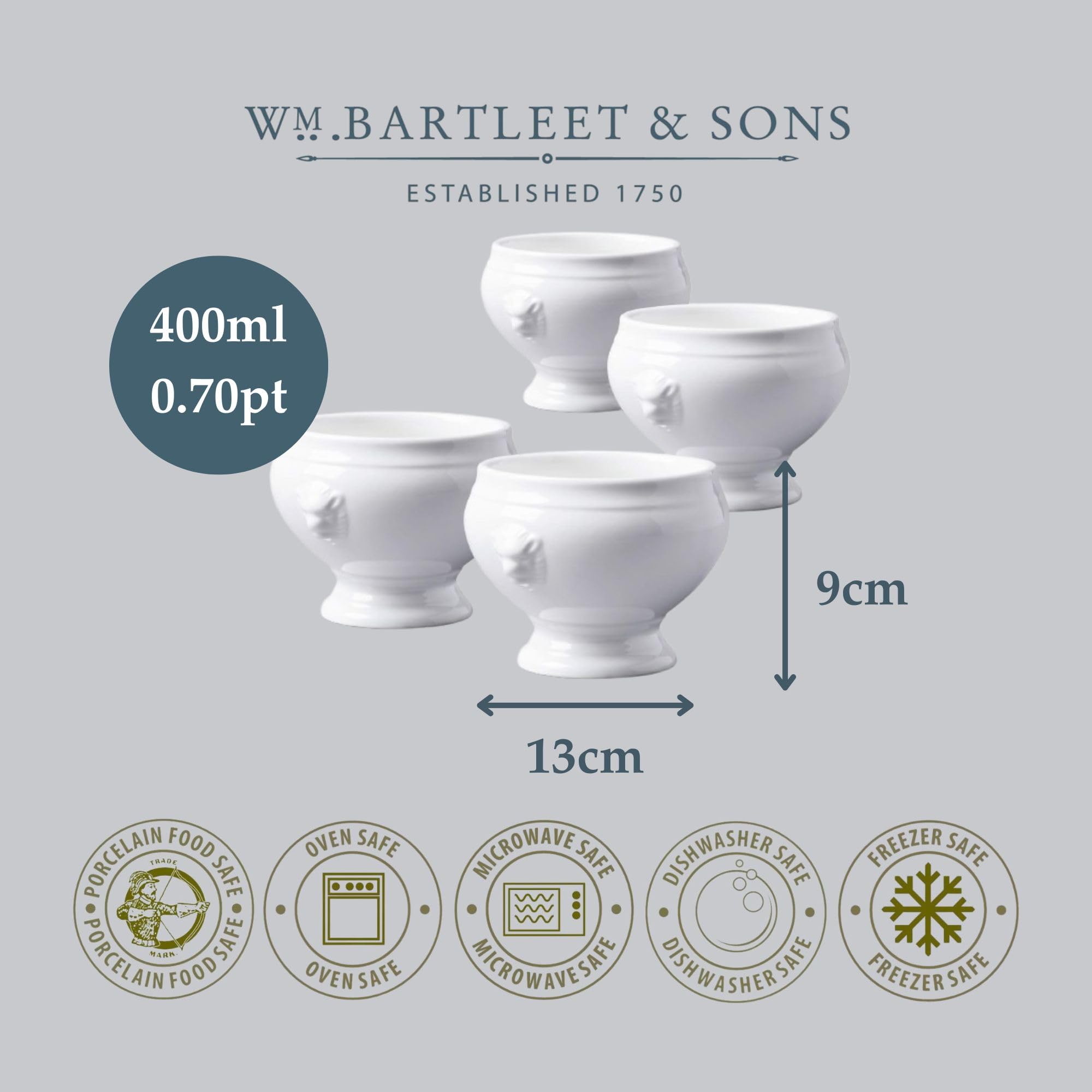 WM Bartleet & Sons 1750 TSET121 - Set di 4 ciotole per zuppa e stufati, in porcellana, motivo testa di leone, 350 ml, colore: Bianco