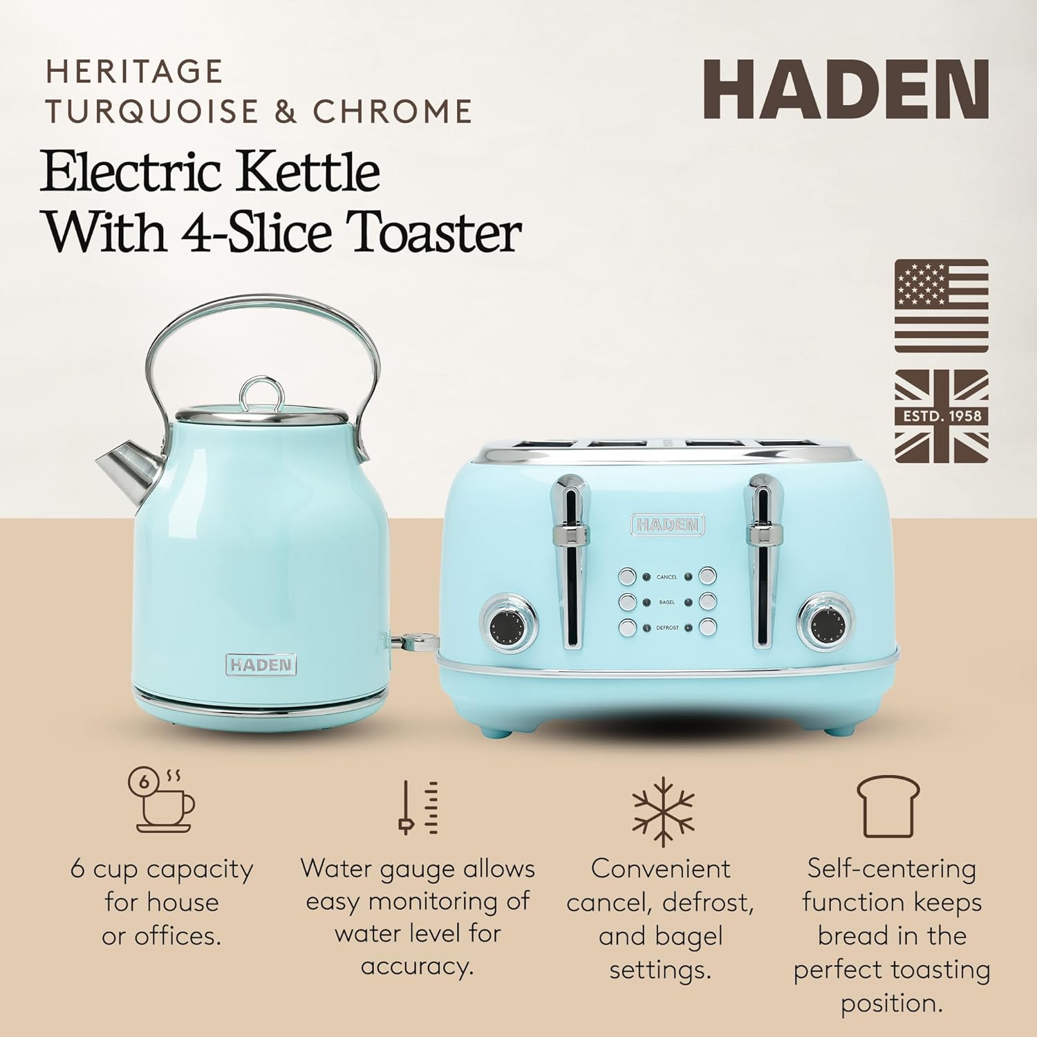Haden Heritage 4 Slice Wide Slot Stainless Steel Toaster Bundled with 1.7 Liter Stainless Steel Electric Water Kettle, Turquoise & Chrome