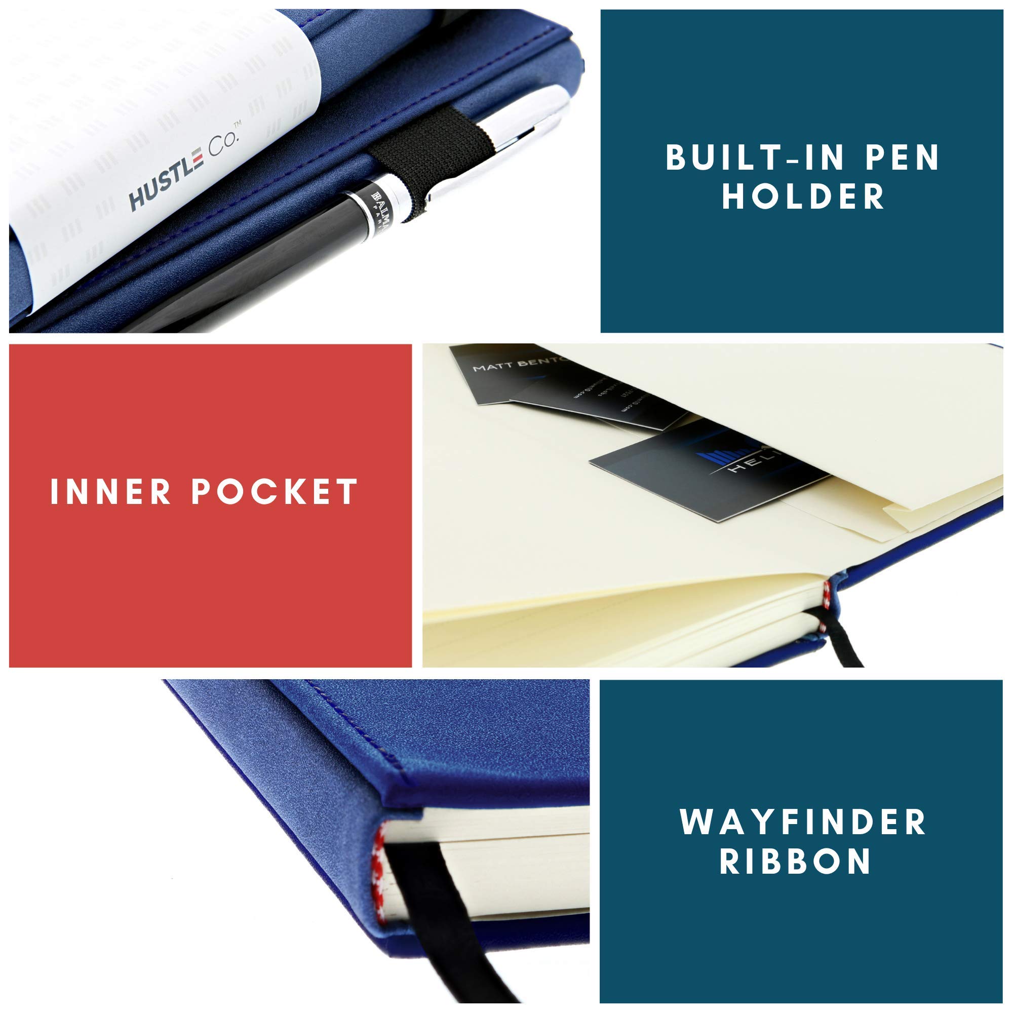 HUSTLE Co Notizbuch, dick gepunktet, Blau | Punktraster Notizbücher mit 120 g/m² tintenfestem Papier | Premium A5 Hardcover Tagebücher mit Seitenzahlen, Stifthalter, Tasche, Schuber + Lineal