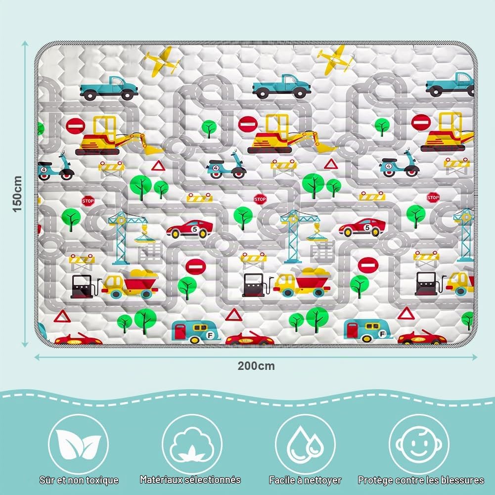 Aolso Tapis D'éveil Bébé, 150x200cm Tapis de Jeu pour Enfant Bebe, Tapis de Sol, Antidérapant Tapis Rampant Bébé, Tapis de Bébé Pliable, Coton Tapis Eveil Enfants(Voiture routière)