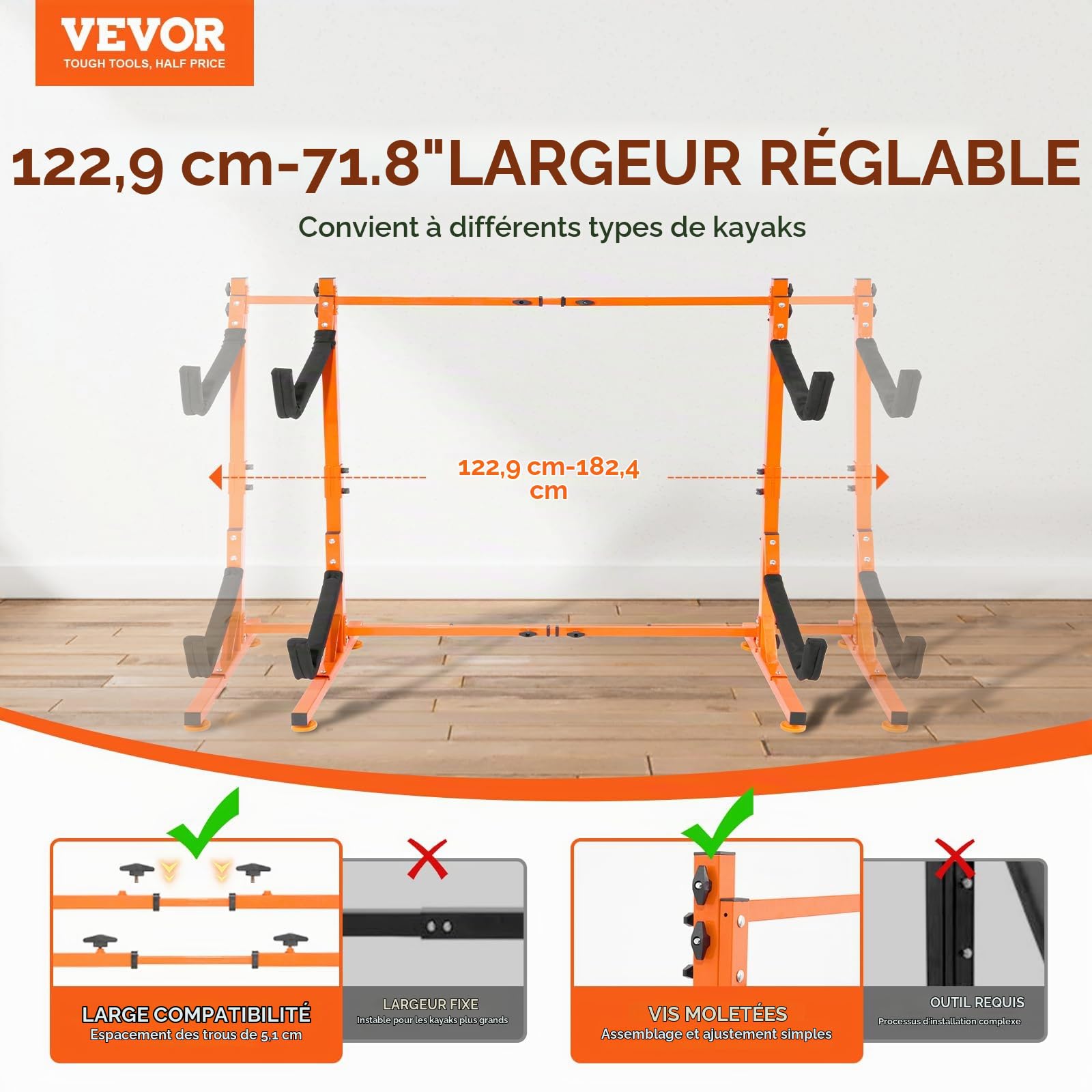 VEVOR Support pour Kayak Autoportant, Porte-kayak Capacité 2PCs Canoë Paddle SUP, Rack pour Planche à Pagaie en Acier Robuste avec Bras Rembourrés Largeur Réglable, Charge 79 kg, pour Rangement Surf