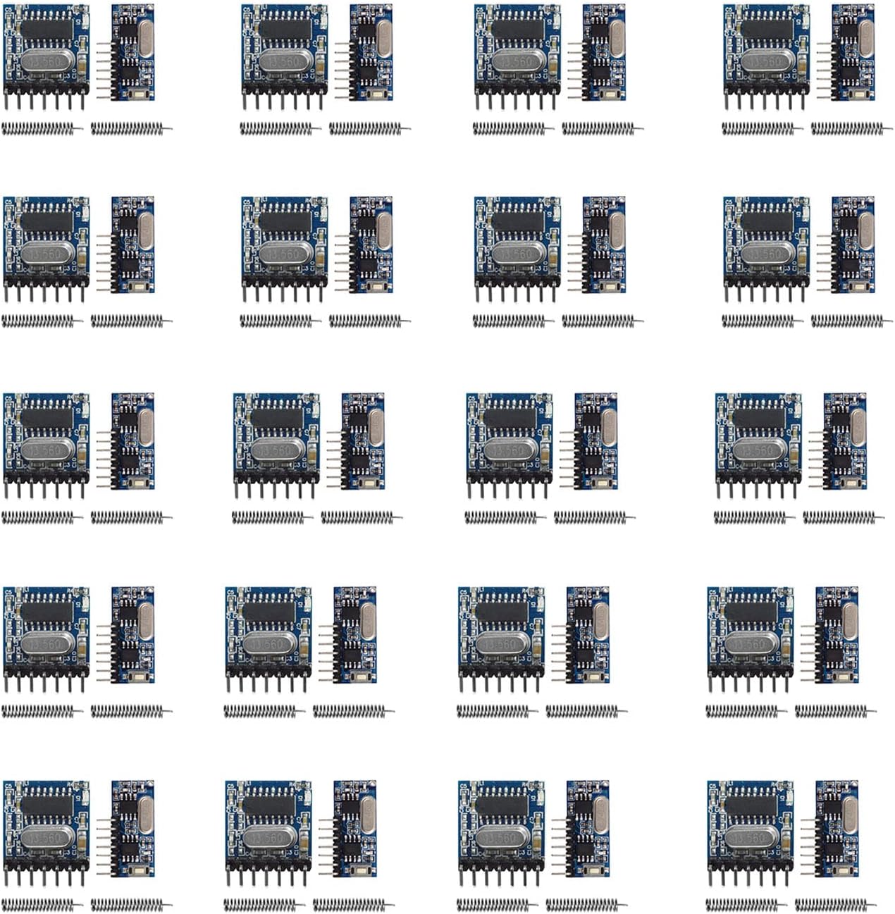 Twenty sets of QIACHIP RX480E receiver modules and TX118S-4 transmitter modules with copper spring antennas.