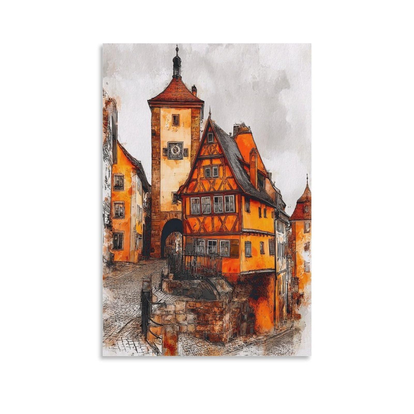 Cnaheiz Unframe-Style Rottenburg Germany 24X36inch(60X90cm) Vintage Travel Poster Watercolor Canvas Art