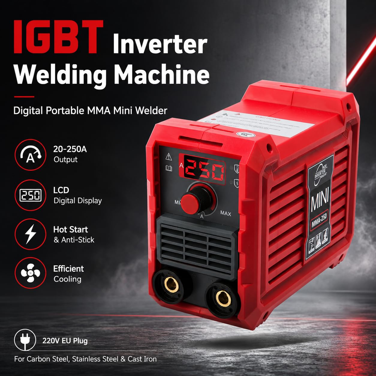 Maquina De Soldar Electrodo Portátil, 220V 250A MMA Mini Soldador Inverter ARC IGBT Digital Soldadora Portatil Compacta Grupo De Soldar Con Hot Start, Anti-Stick, Pantalla Led Para Bricolaje