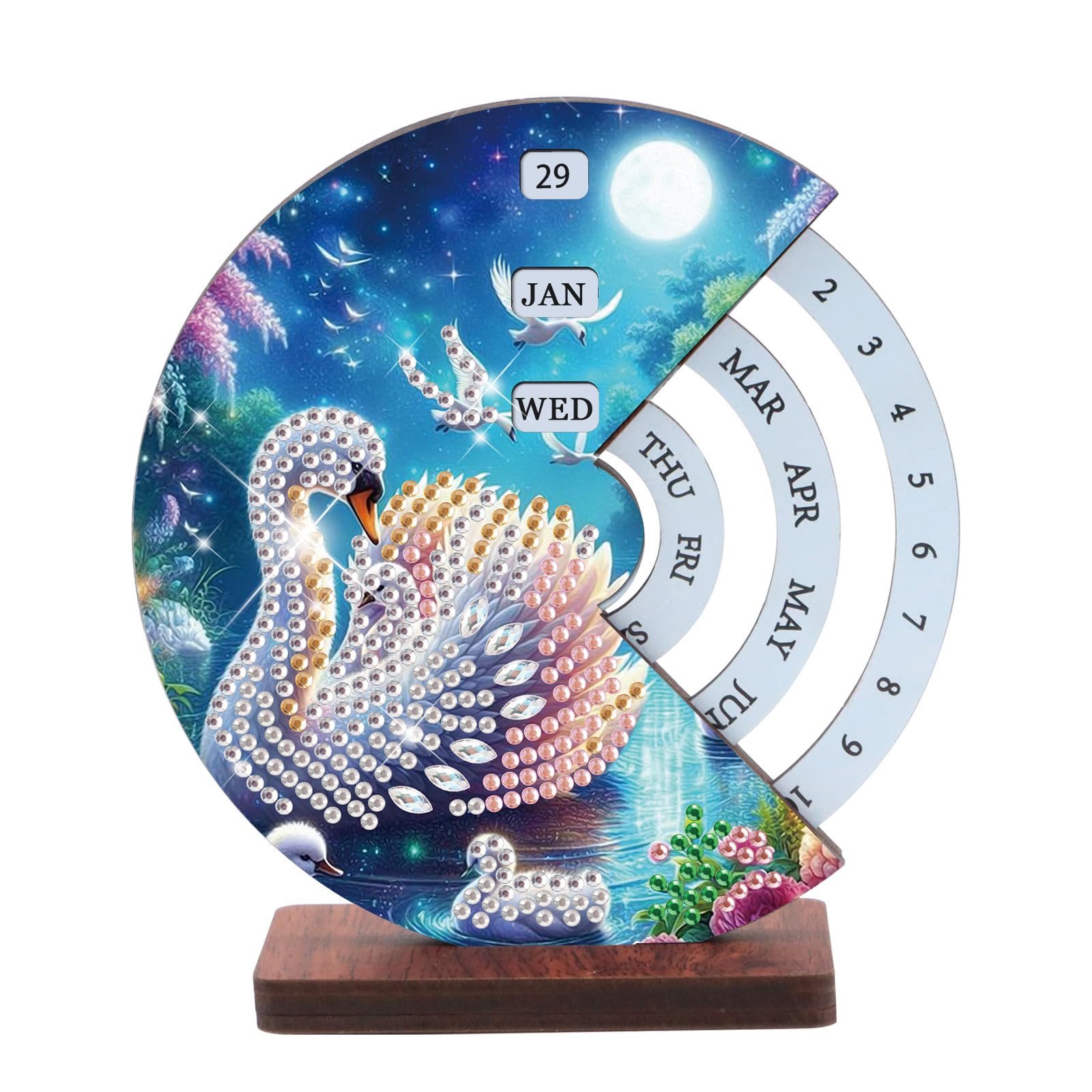 CustmArti DIY Diamond Art Painting Wooden Rotatable Calendar Creative Design Home Decoration Desktop Ornament For Office And Room Decor-Swan