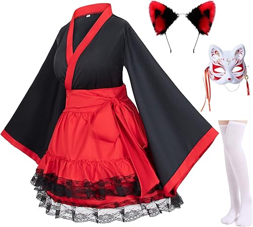 Disfraz de anime japonés rojo y blanco Kimono Fox Cosplay con calcetines
