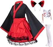 Japanese Anime red and White Kimono Fox Cosplay Costume with Socks