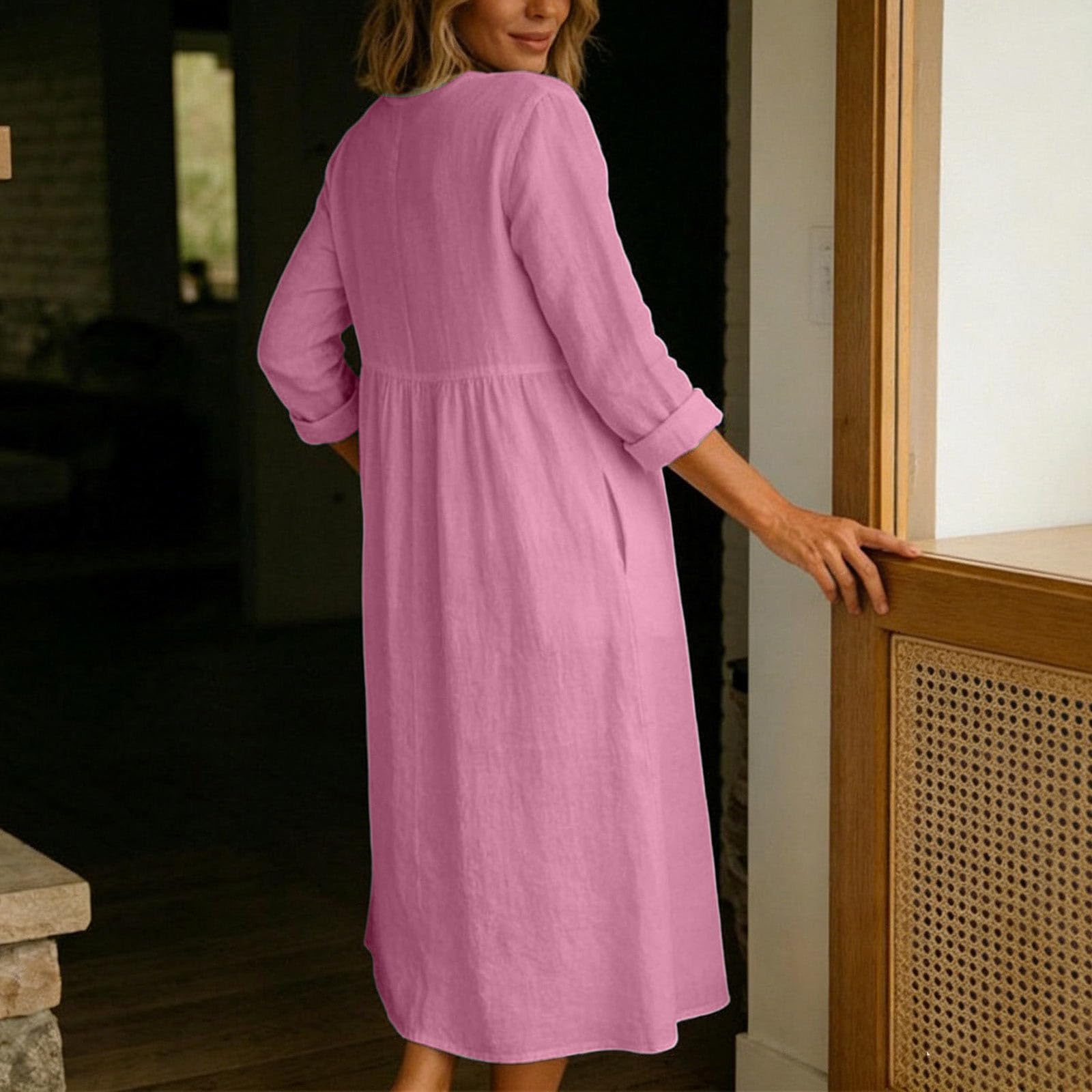 Sommerkleider Damen Leicht Luftig Casual Baumwolle Leinen Maxikleid V-Ausschnitt Musselin A-Linie 3/4 arm Leinenkleid Hohe Taille Freizeitkleid Blusenkleid Shirtkleid Strandkleid