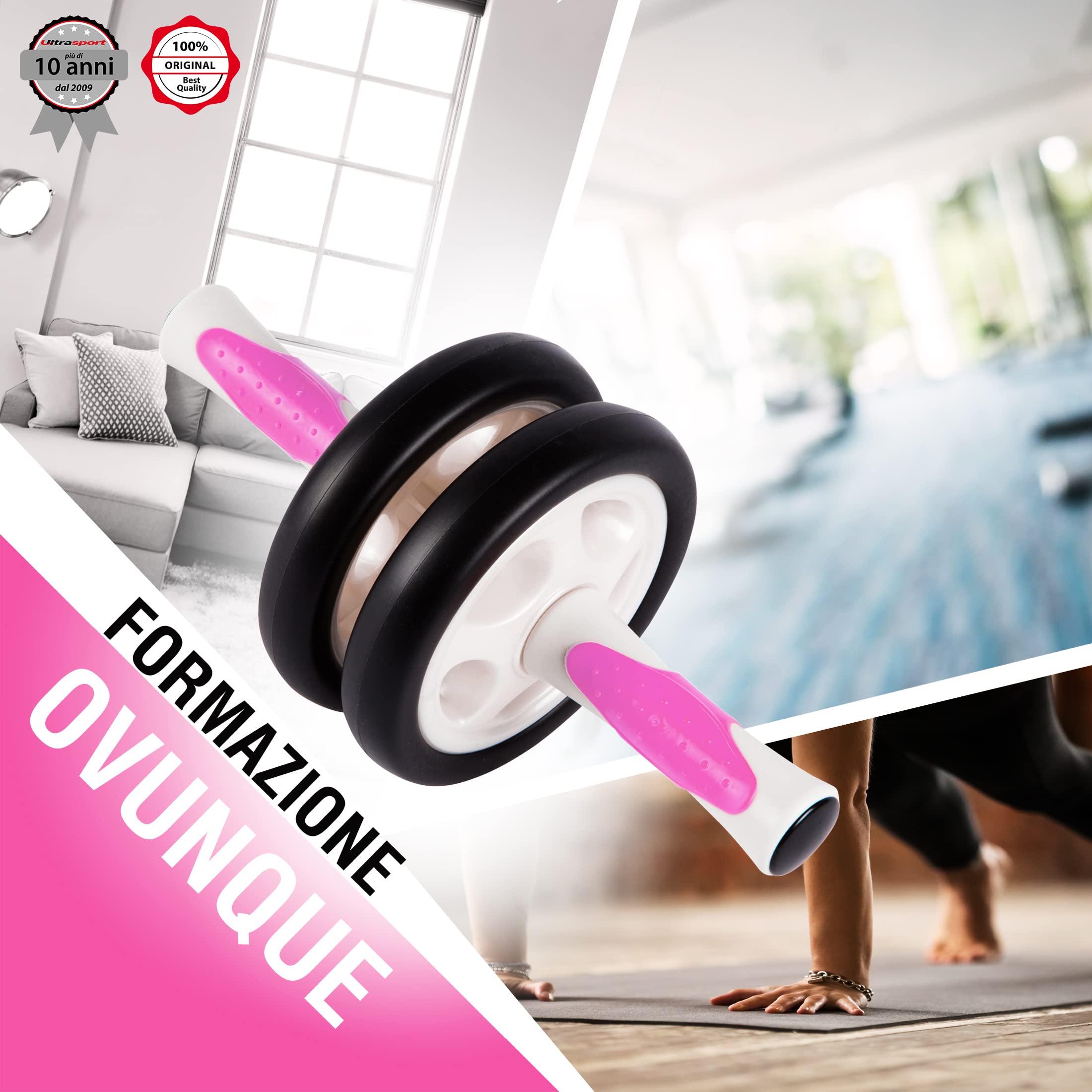 Ultrasport Addominale Allenatore AB roller, incl. tappetino ginocchia, allenamento per uomini e donne Rullo per muscoli addominale con multifunzione, anche per anziani, trainer pieghevole salvaspazio