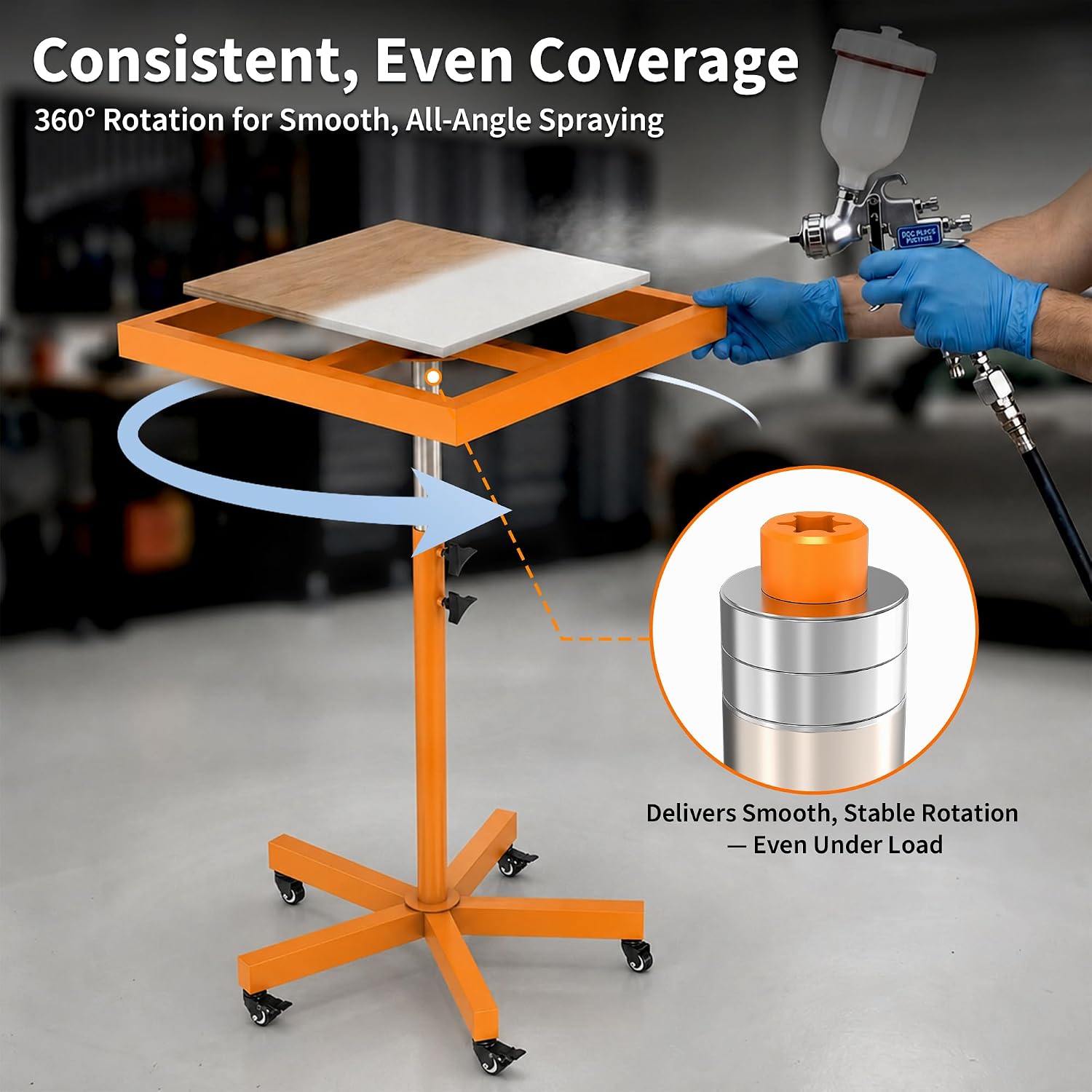 Tredre 3-in-1 Rotating Spray Paint Rack with Lockable Wheels, 27.8"–40.9" Height Adjustable Cabinet Door Painting Stand, 360° Lifting Spray Painting Table for Doors, Parts & DIY Projects, Orange