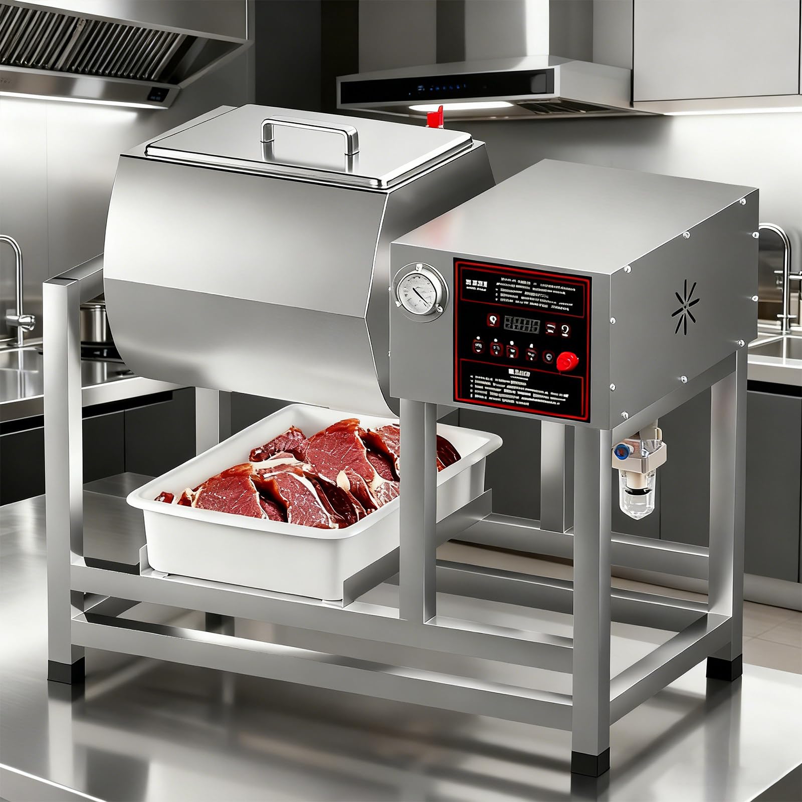 FHRKA Commercial Meat Tumbler Marinator - 45l Large Capacity, Automatic Bidirectional Rotation, 304 Stainless Steel (B)