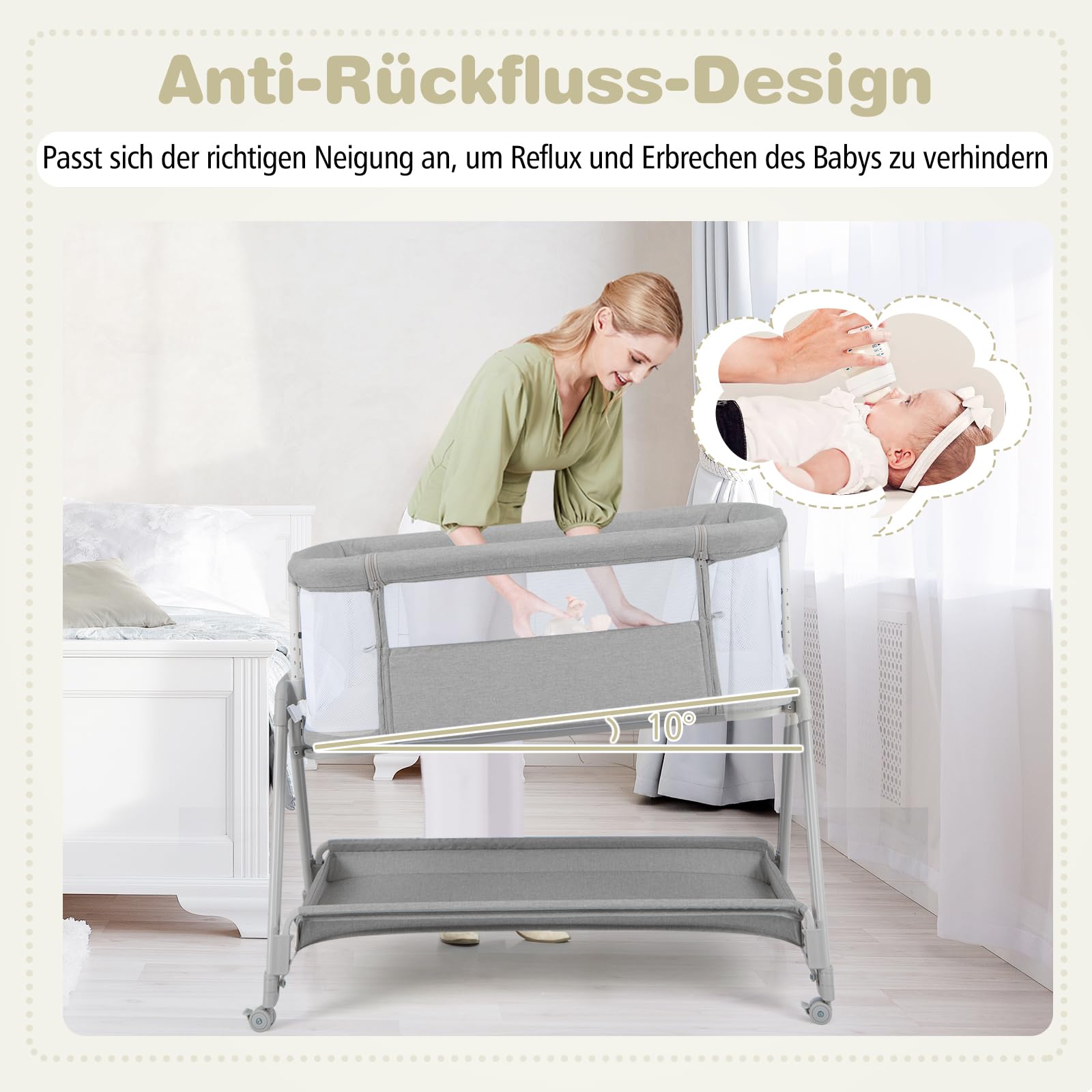 COSTWAY 2 in 1 Beistellbett & Stubenwagen klappbar, tragbare Babybett mit 7 verstellbaren Höhen & Matratze & Tragetasche & Gurte, verstellbare Reisebett für Neugeborene bis 6 Monate (Grau)