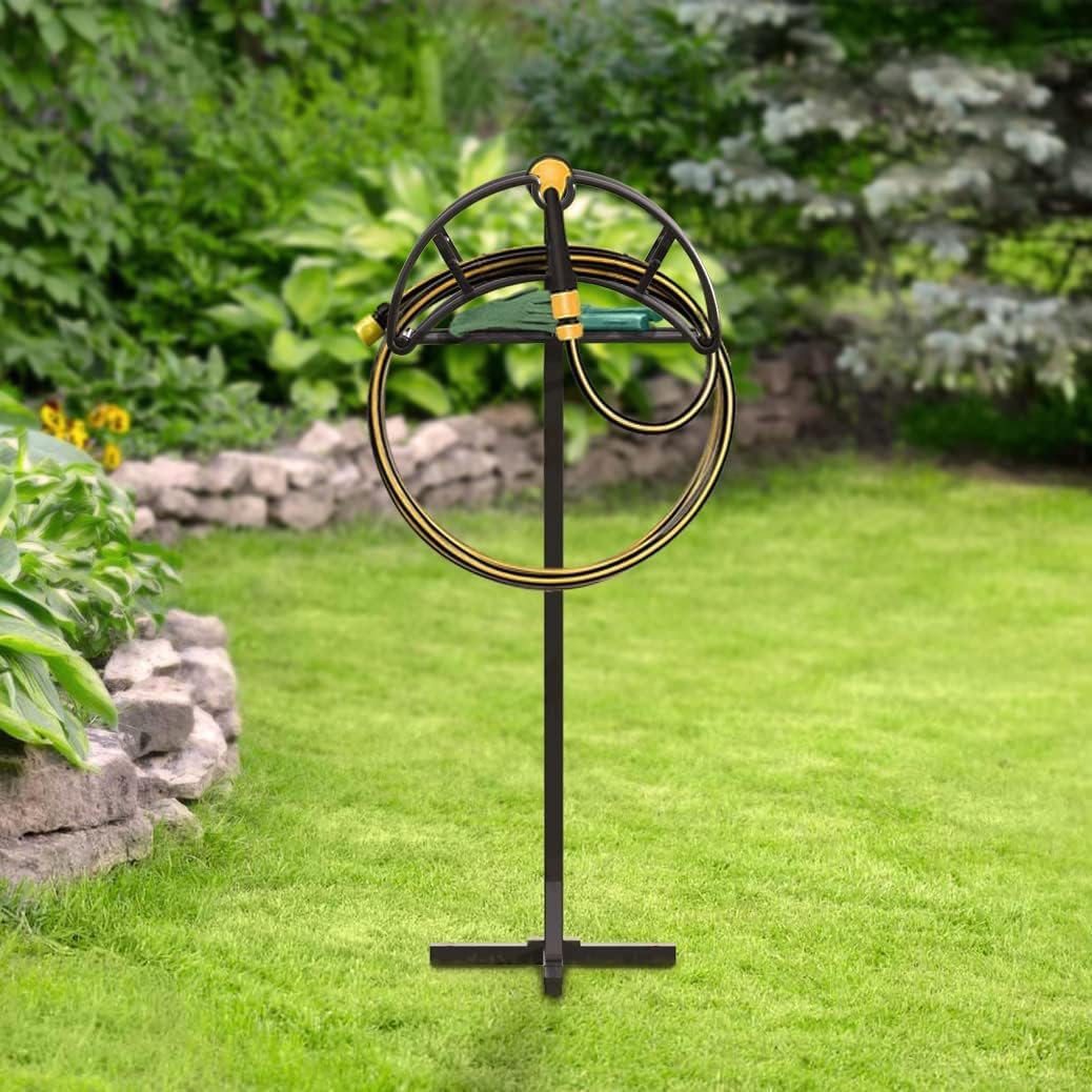Bomclap Gartenschlauchhalter Freistehender, Metall Gartenschlauch Halterung Schlauchständer mit Ablagefach, Schlauchhalter für Garten, Schwarz