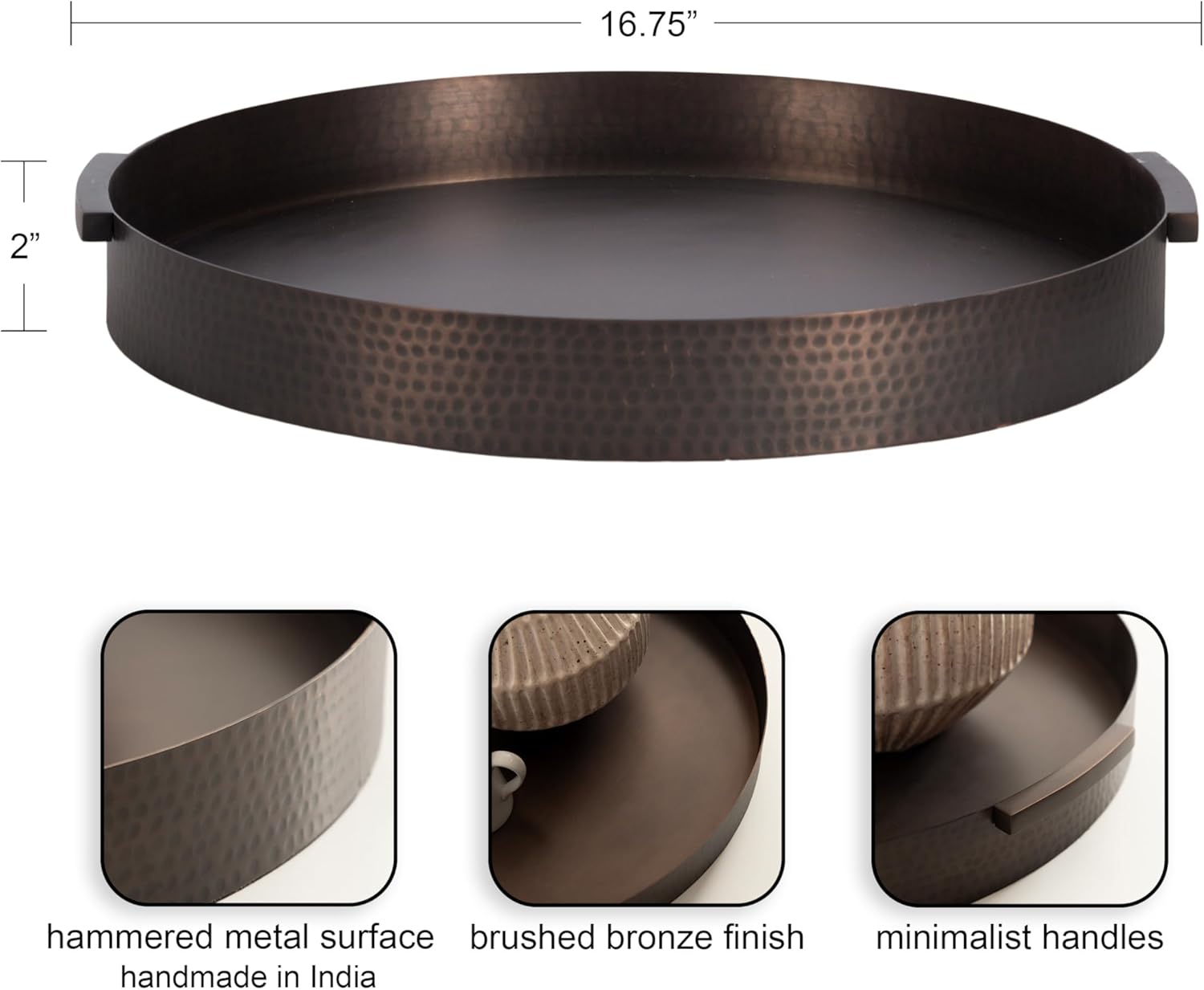 Kate and Laurel Samana Modern Round Metal Tray; 17 Inch Diameter; Bronze; Polished Decorative Circle Tray with Hammered Surface for Use as Ottoman Tray or Serving Tray