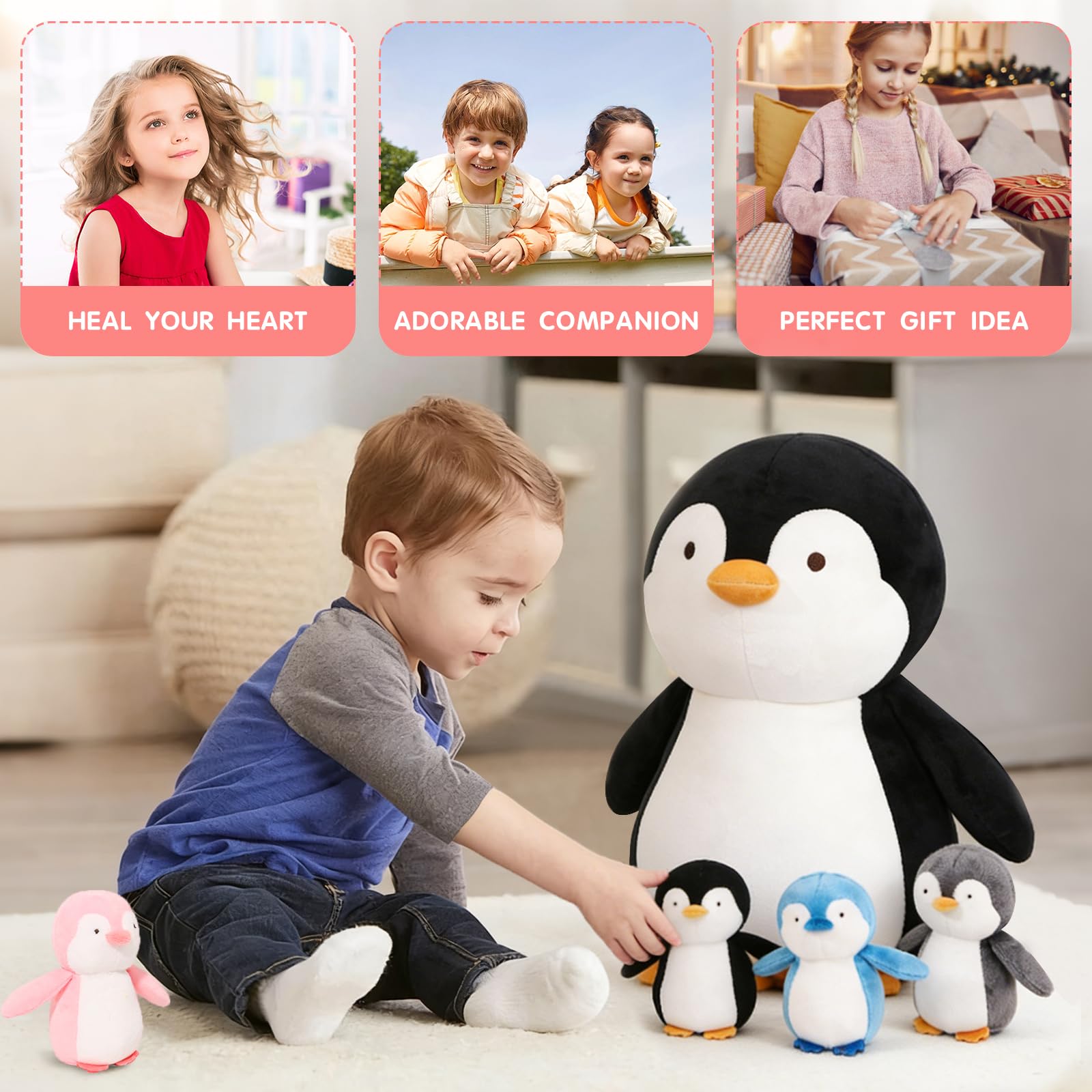 5 Pieces Penguin Stuffer Animals Set, Giant 16 Inch Mommy Penguin Plush Toy with 4 Cute Babies Plushies in Her Zippered Tummy, Gifts for Kids Girls Boys, Birthday, Christmas
