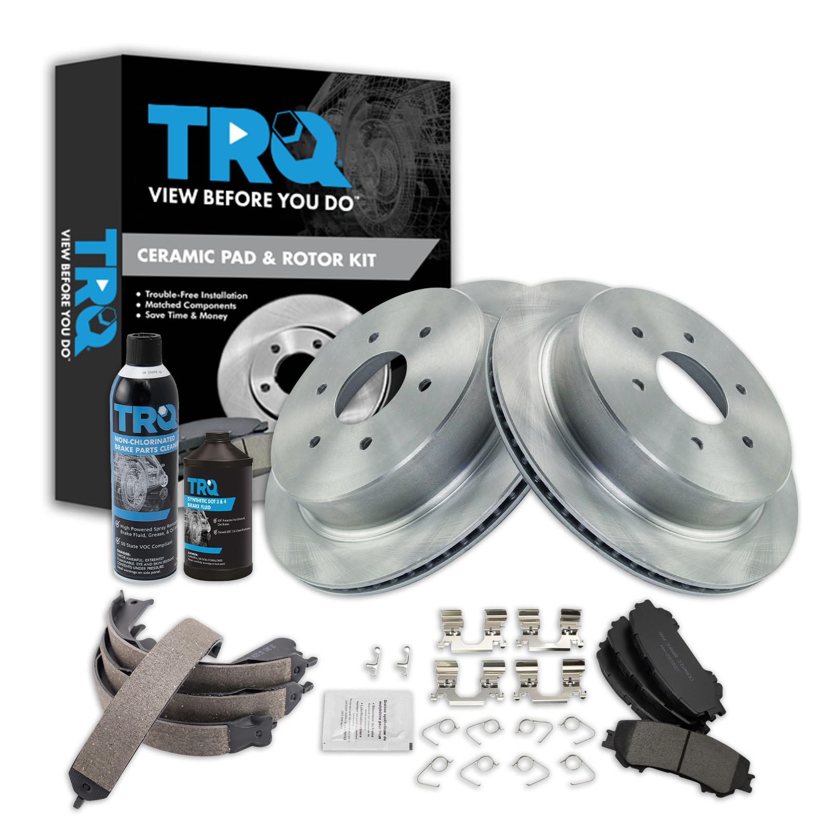 TRQ Rear Brake Pad &amp; Rotor Kit, with Chemical Kit Parking Brake Shoe Set Ceramic Compatible with 2017-2019 Nissan Titan