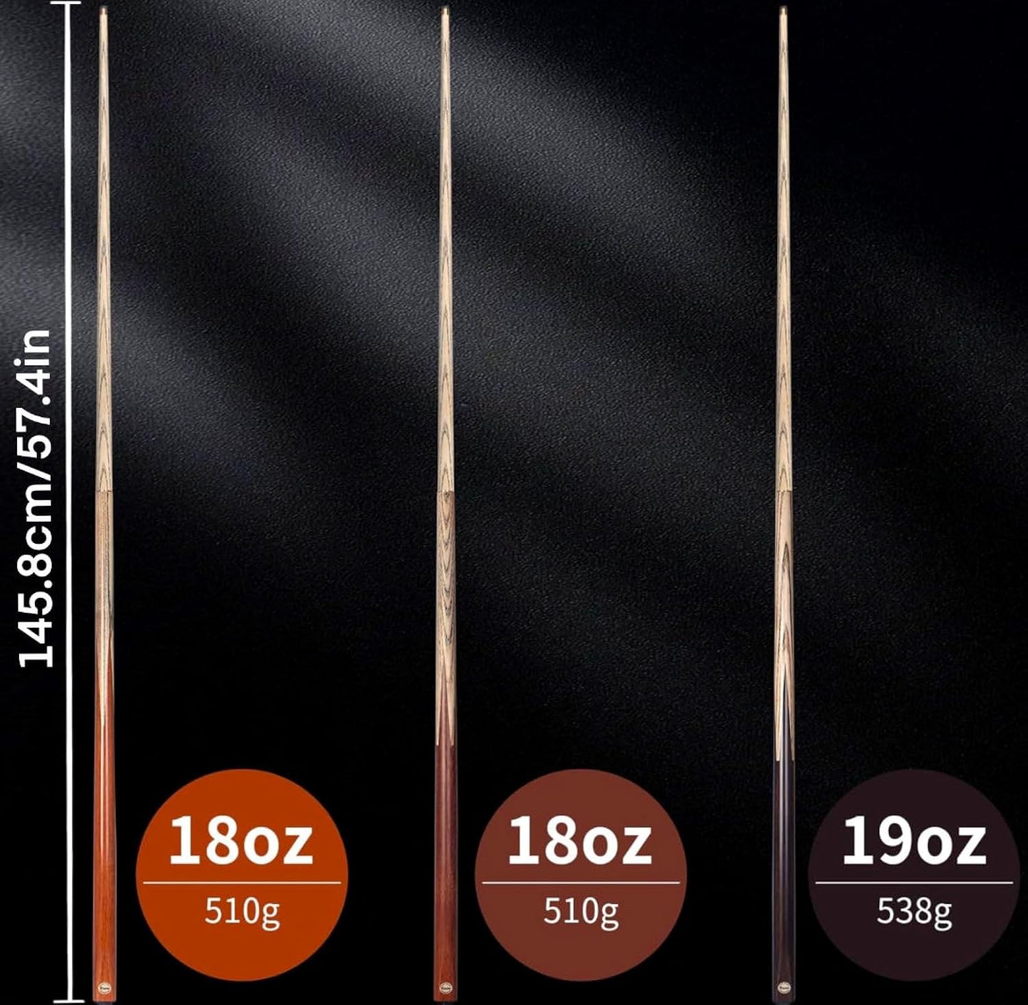 Kmise 57 inch Pool Cue, 19oz Cue Stick with 9.5mm Professional Tip, Handcraft, Made of Chacate Preto Wood, Bar or House Use for Men or Women, Pool Sticks for Adults (3 Sets)