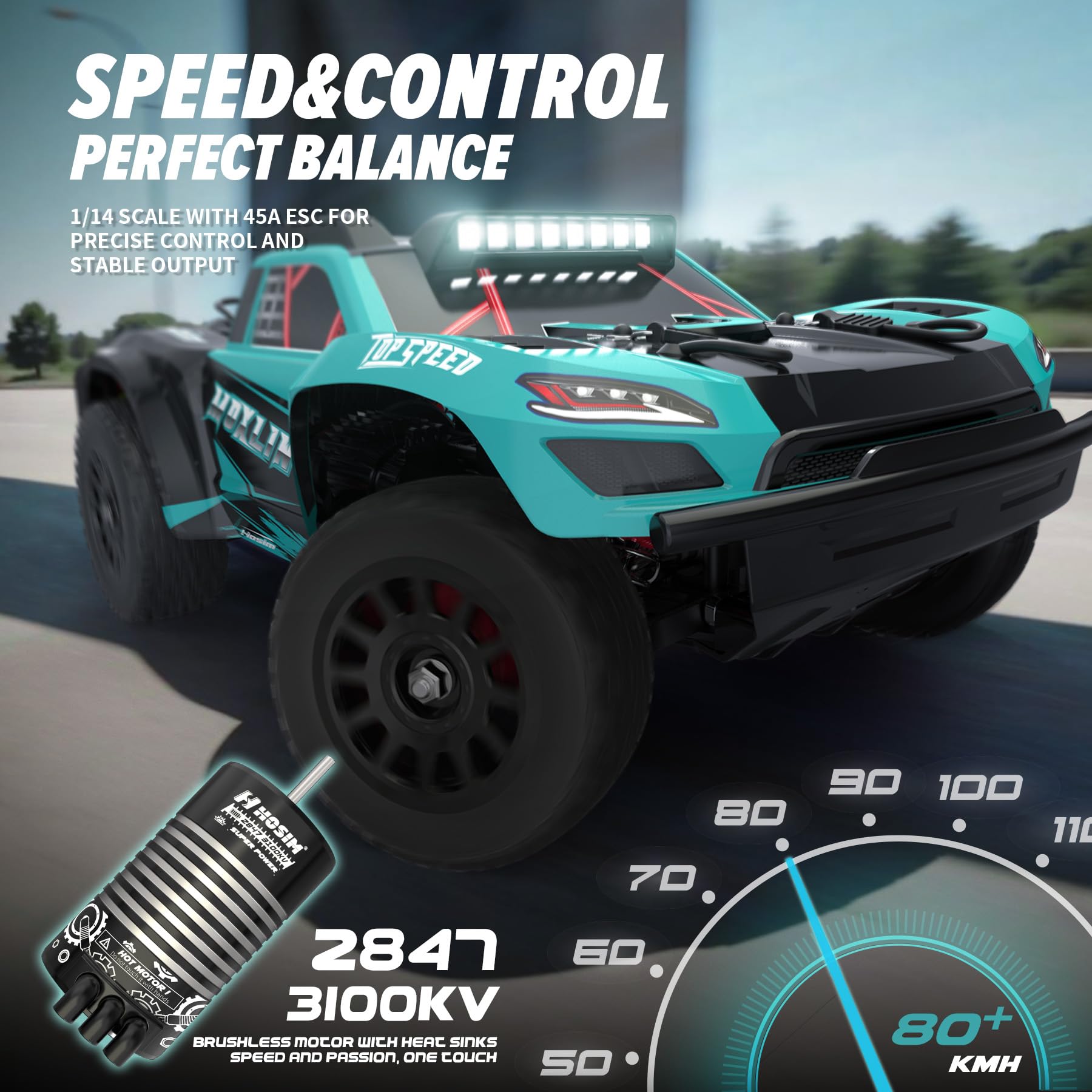 Hosim 1:14 Brushless RC Cars for Adults Fast 50mph, MOXLIN RC Short-Course Trucks 4x4 All Terrain Off Road Hobby Electric RC Monster Trucks Waterproof High Speed Remote Control Car with 3S Battery