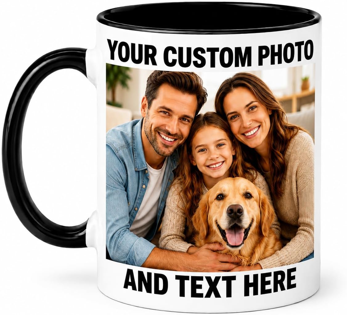 Personalized Custom Photo Coffee Mug, Text or Logo, 11 oz, Black