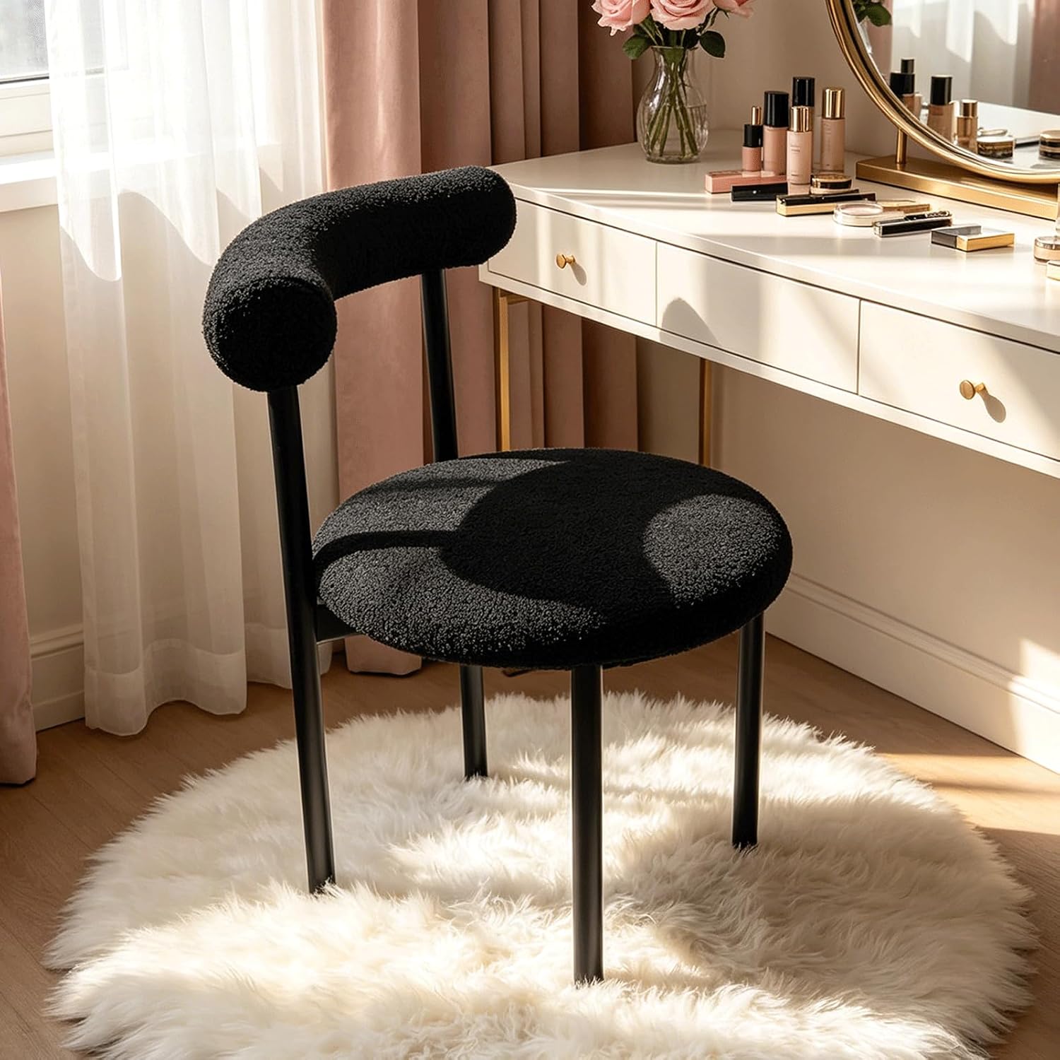 Black Vanity Chair, Boucle Desk Chair with Back for Bedroom