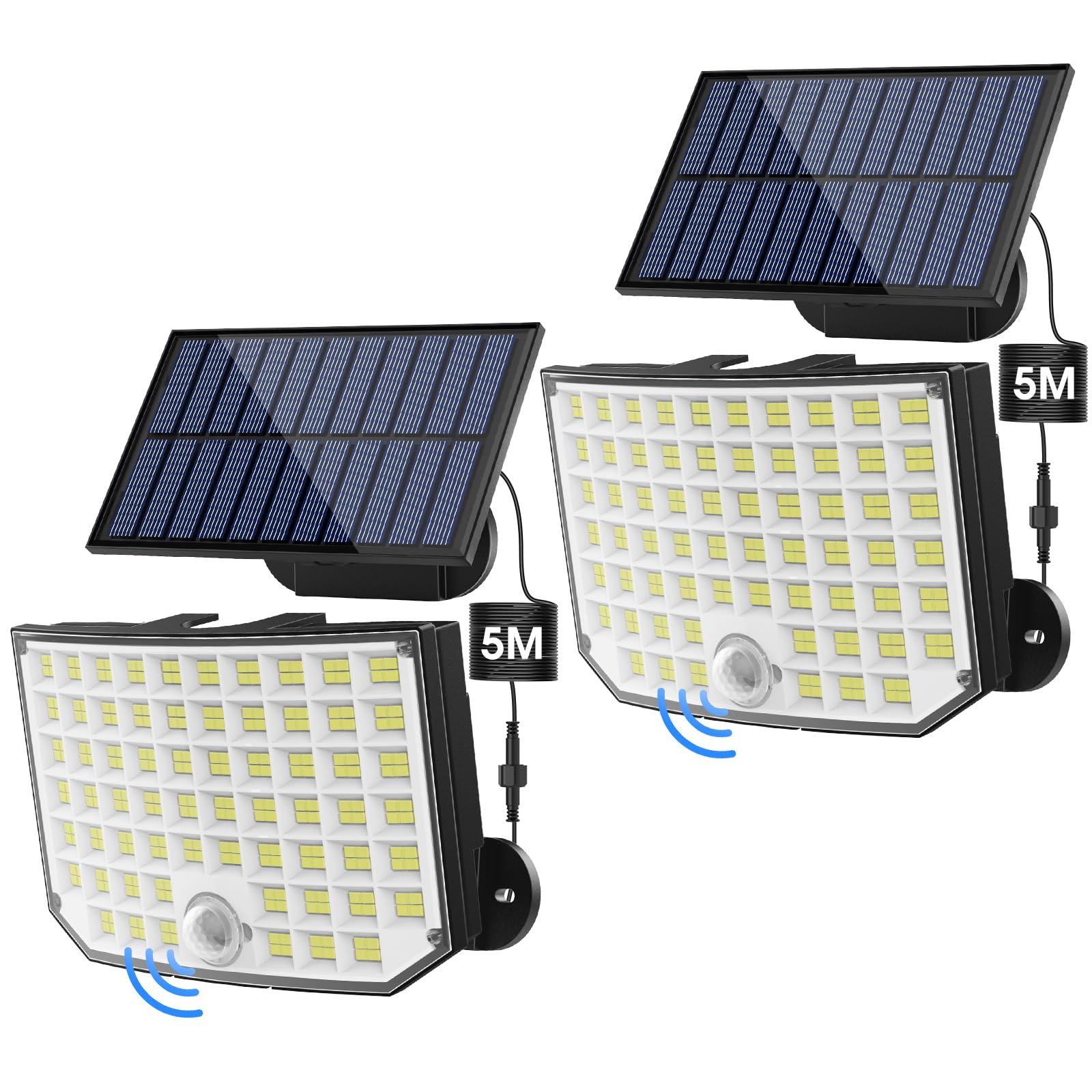 Luz Solar Exterior Jardin, Ortiny 256 LED 3 modes, 180°iluminado Focos Led Exterior Solares IP65 Indice De Impermeabilidad Luz Exterior Con Sensor De Movimiento cable fibra óptica de 5 m, Paquete de 2
