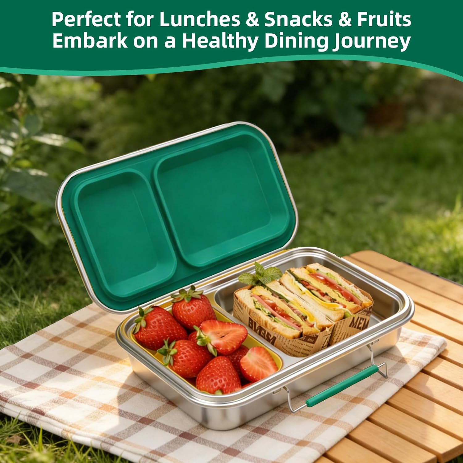Stainless Steel Lunch Box, 22.6 oz Leakproof 2-Compartments Stainless Steel Bento Box Containers,Metal Lunchbox with 2 Container, Dishwasher Safe for Adults Men Women, Office,Outdoor, BPA-Free Green - Image 4