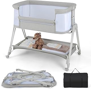 COSTWAY Baby Bedside Crib, Easy Folding Cot Bed with Mattress, All-Side Mesh, Storage Shelf and Travel Bag, Height Adjustable Newborn Sleeper for Birth to 9kg (Light Grey)