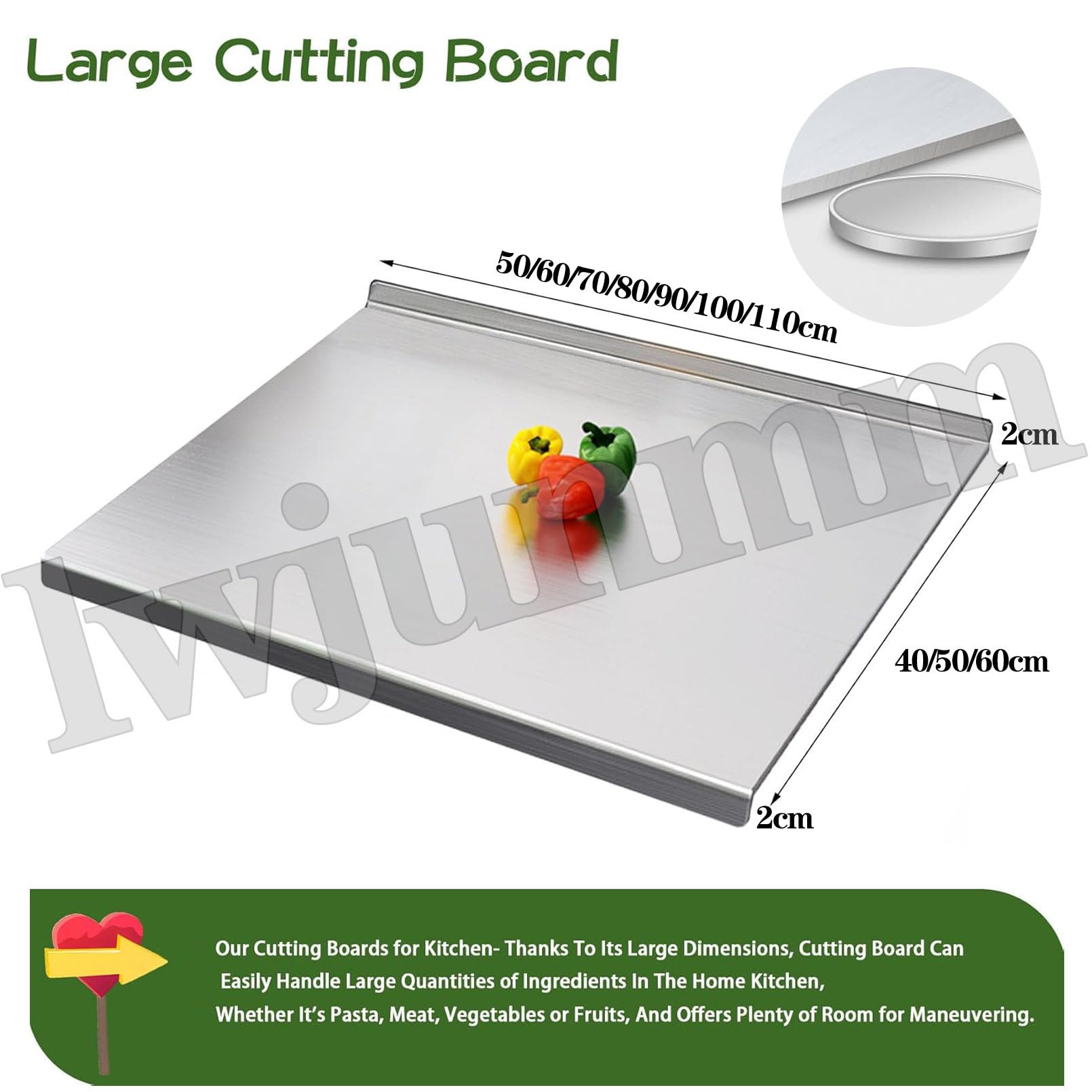 Tabla de cortar de acero inoxidable con protección de bordes, incluye rodillo y raspador de repostería para preparación de cocina