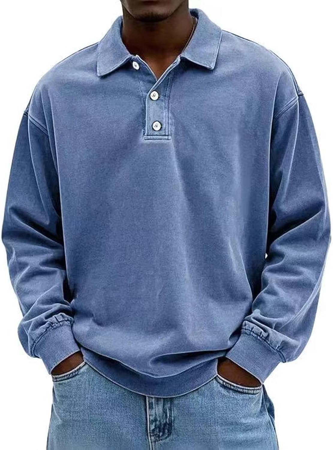 Ymosrh Men's Classic Polo Shirt, Long Sleeve Distressed Casual Business Work Collar T-Shirt, M-3XL