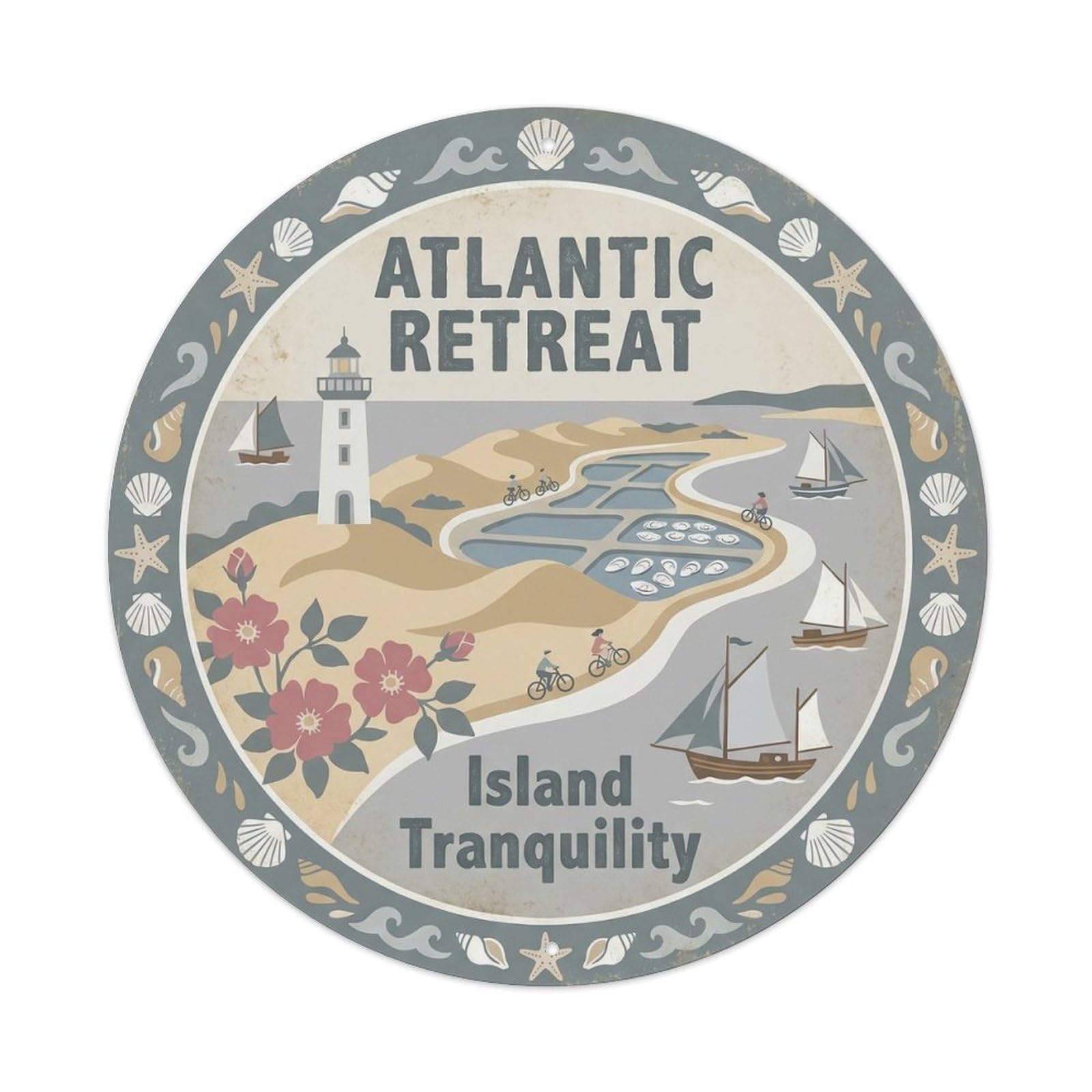 French Islands Historic Tourism Atlantic Classic Destination Metal Tin Sign Plaque Wall Decor for Cafe, Man Cave, Club Bar, Office, Home Garden Round Metal Poster 8x8Inch