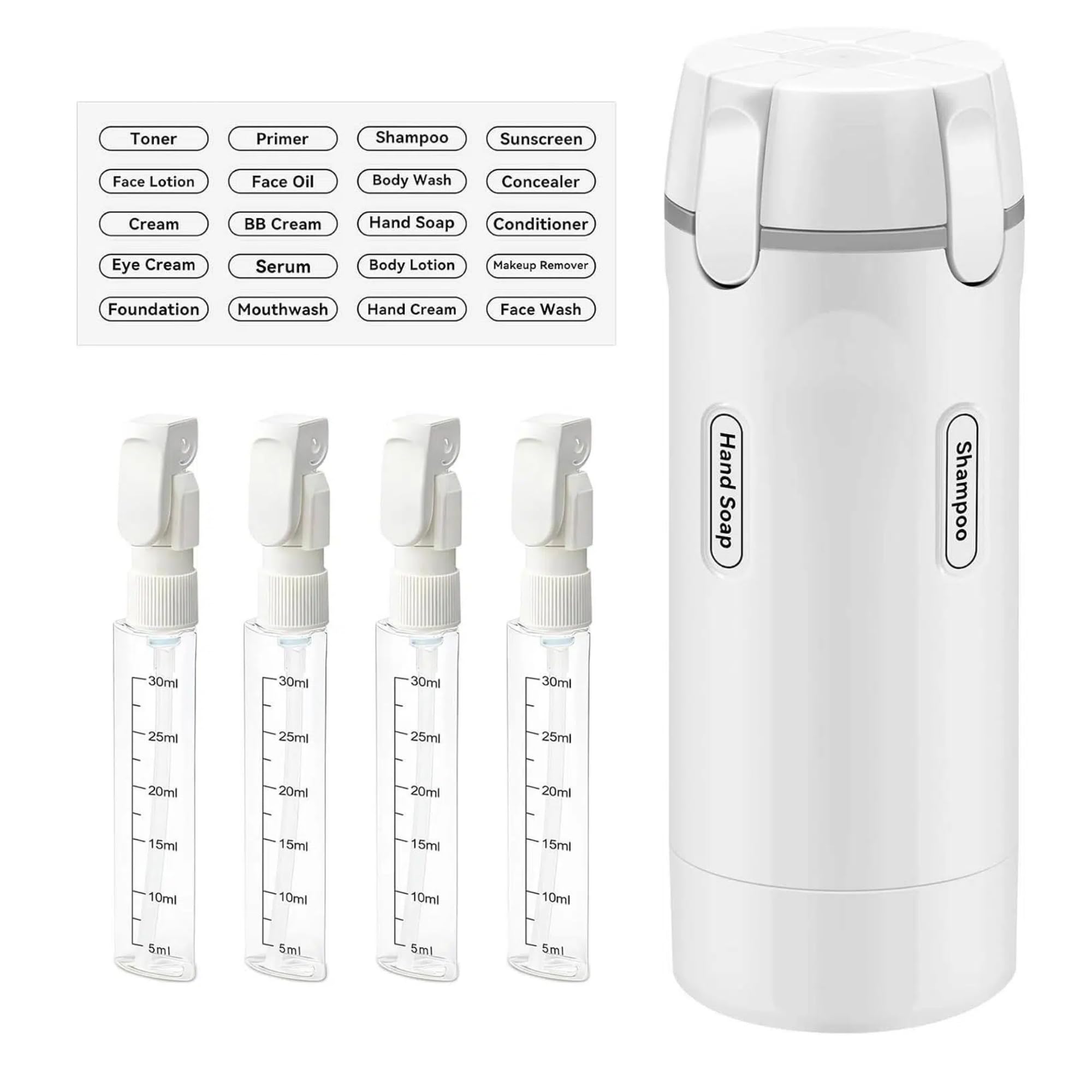 Zatyorg White 4 In 1 Travel Bottle Dispenser，Travel Bottles For Toiletries With Scale And Label,Refillable Leak Proof Squeeze Bottles For Lotion Liquid Shampoos Conditioner Cream(White，30Ml*4)