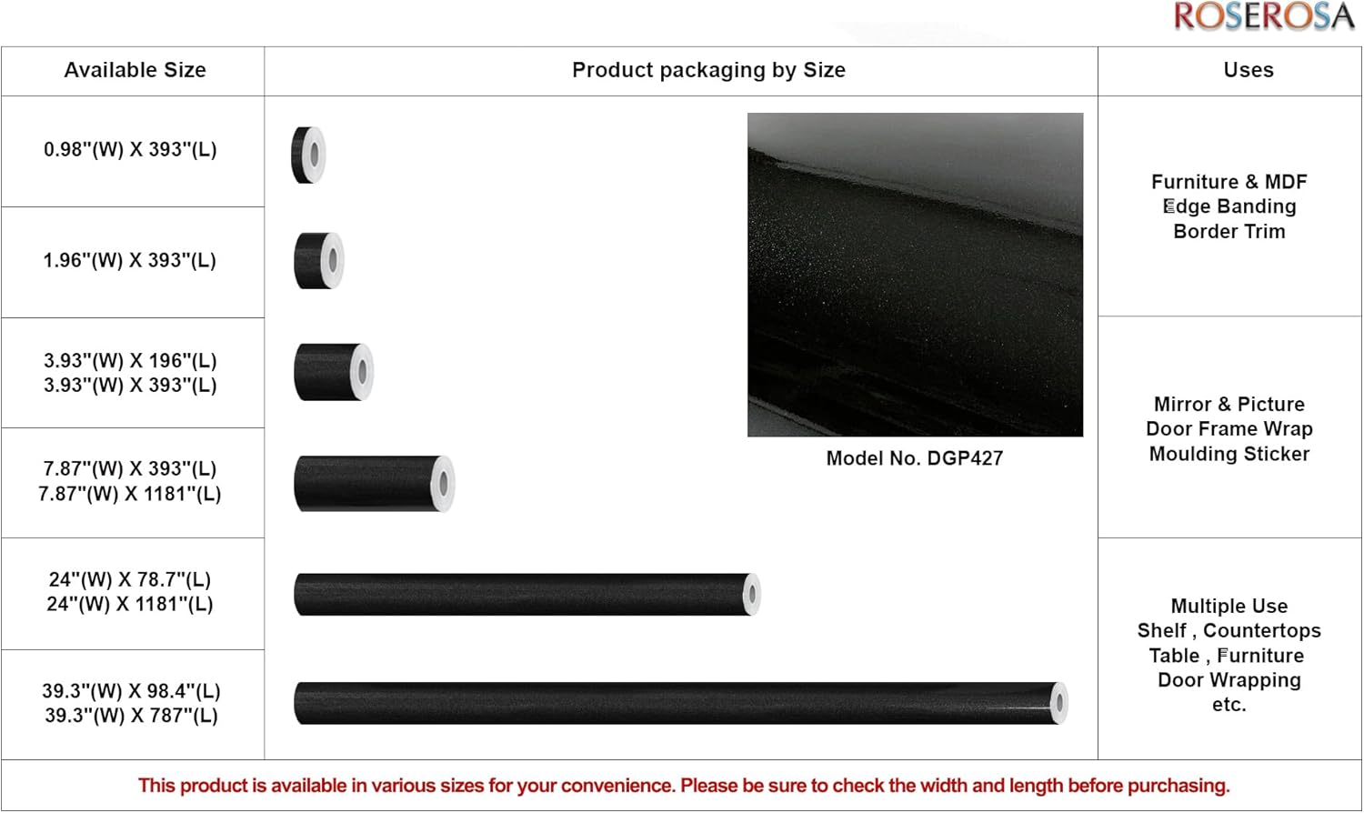 ROSEROSA Peel and Stick High Glossy Powder Coat Architectural Film Self-Adhesive Vinyl Film Wallpaper Door Wrap Counter Top Border Mirror Molding Trim DGP427