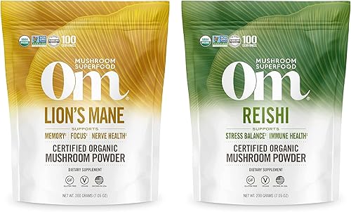 Miniatura 1 de Om Mushroom Superfood Paquete de 7.05 onzas, melena de león y hongos orgánicos Reishi en polvo, 200 porciones