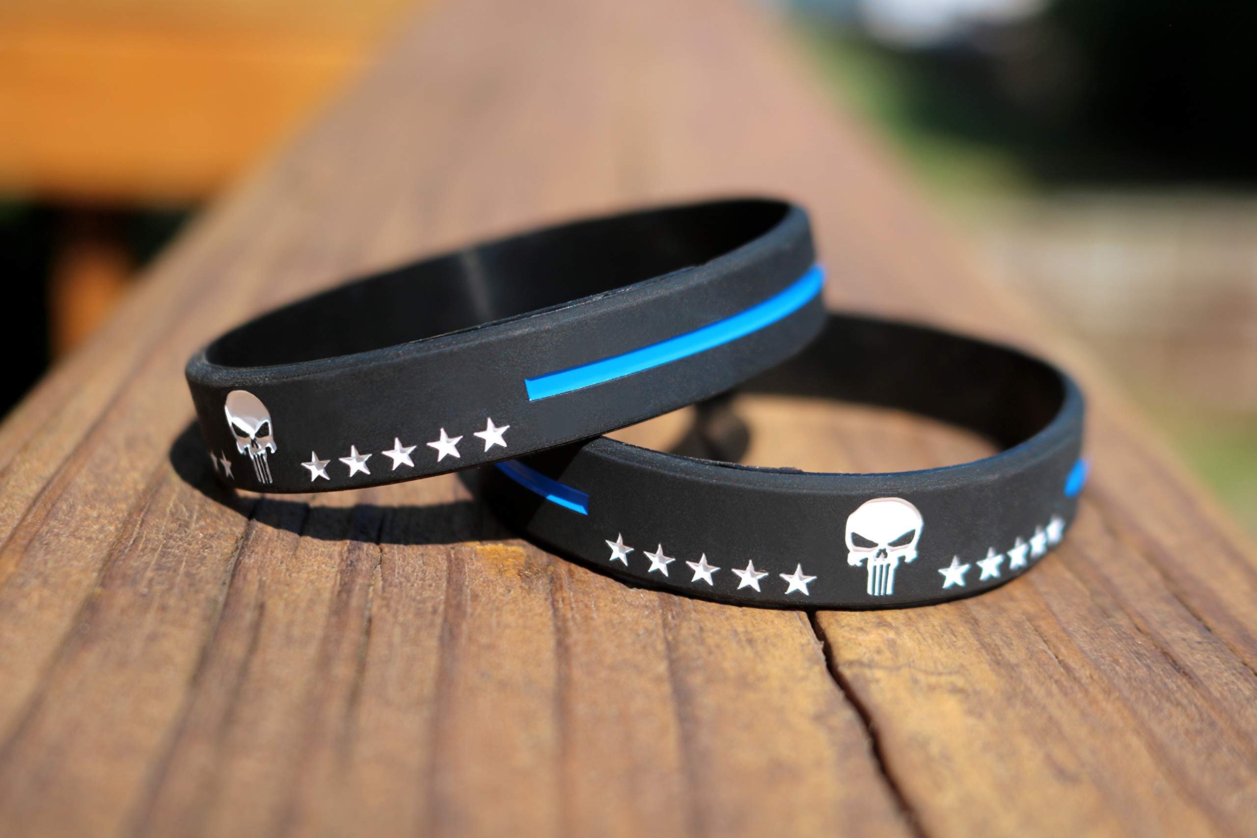 Stryker Products Stryker Thin Blue Line Bracelet Punisher with Stars Police Memorial Support Wristband, Medium