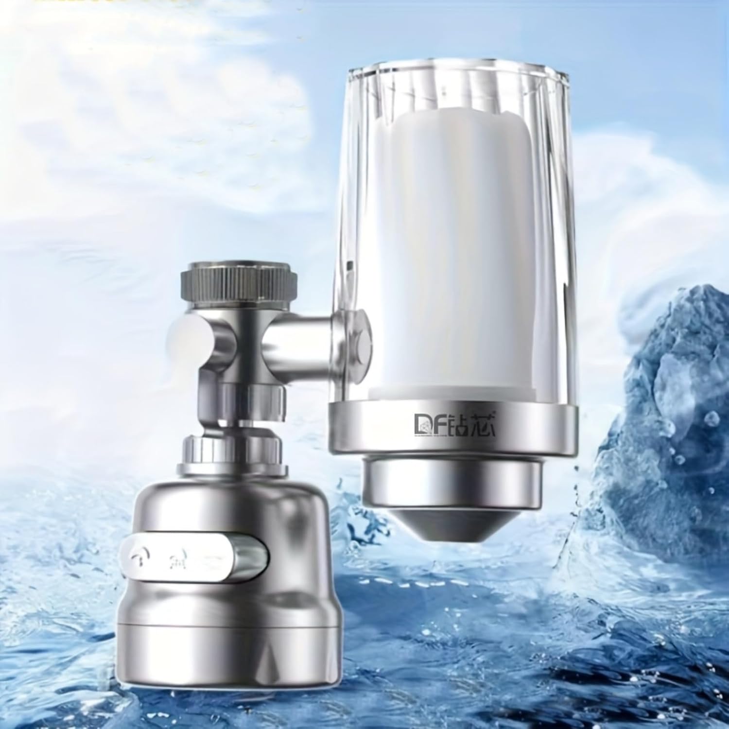 A Transparent Filter Bottle Water Purifier with 4 Filter Cartridges, and a Faucet Water Purifier with a Swivel Shower Head, Effectively Removes Sand and Other Particulate Contaminants