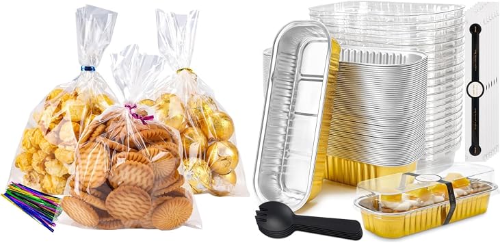 Reusable Clear 5x7 Inch Cellophane Bags with Twist Ties 100 Pack and 50 Pack Rectangular Aluminum Foil Mini Loaf Pans with Lids 6.8 oz, Gold