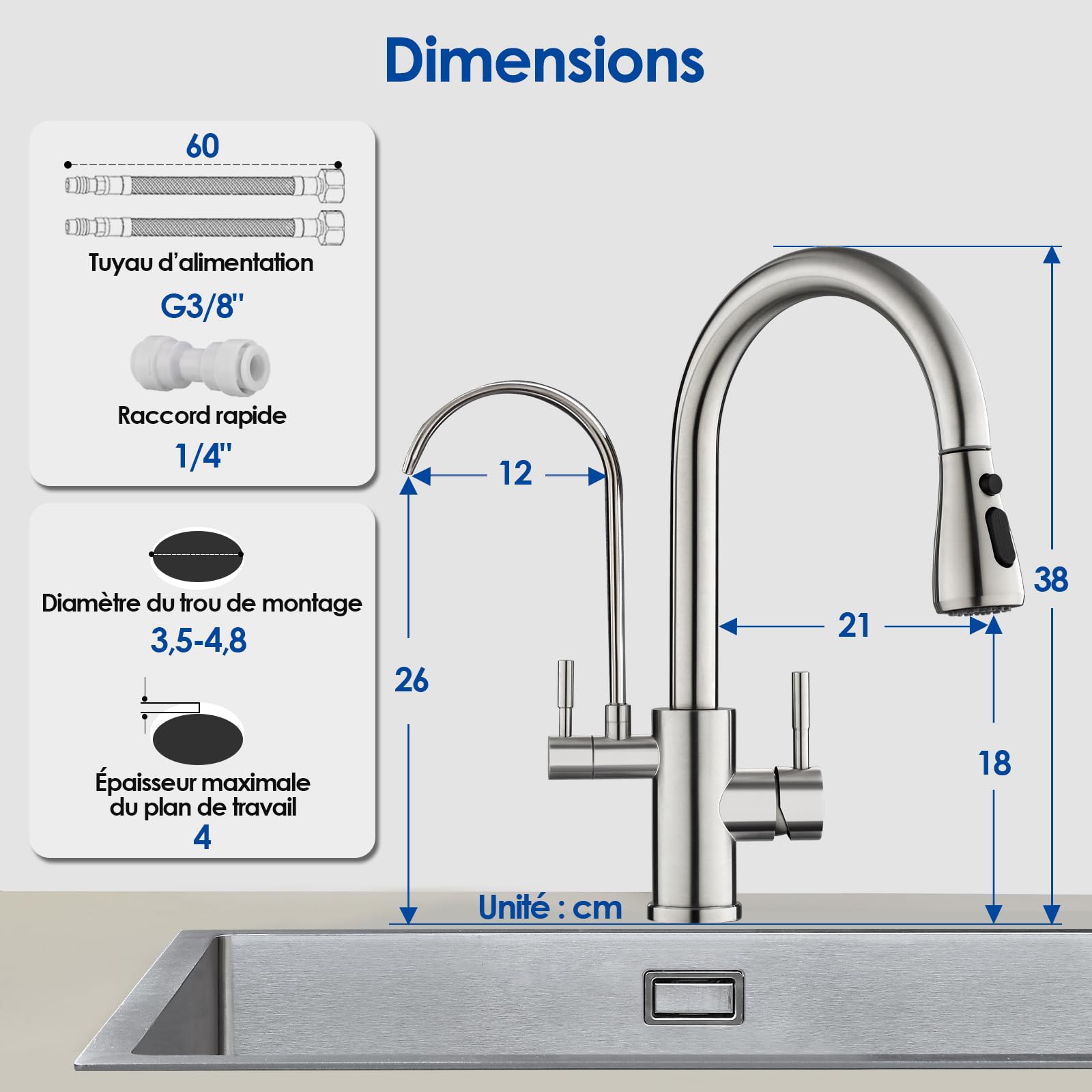ROVOGO Mitigeur Robinet d'Evier de Cuisine 3 Voies à Eau Filtrée en Acier Inoxydable 304 Brossé, Douchette Extractible à 3 Modes, 2 Manches pour Eau Chaude/Froide/Potable, Bec en C 360° Rotatif