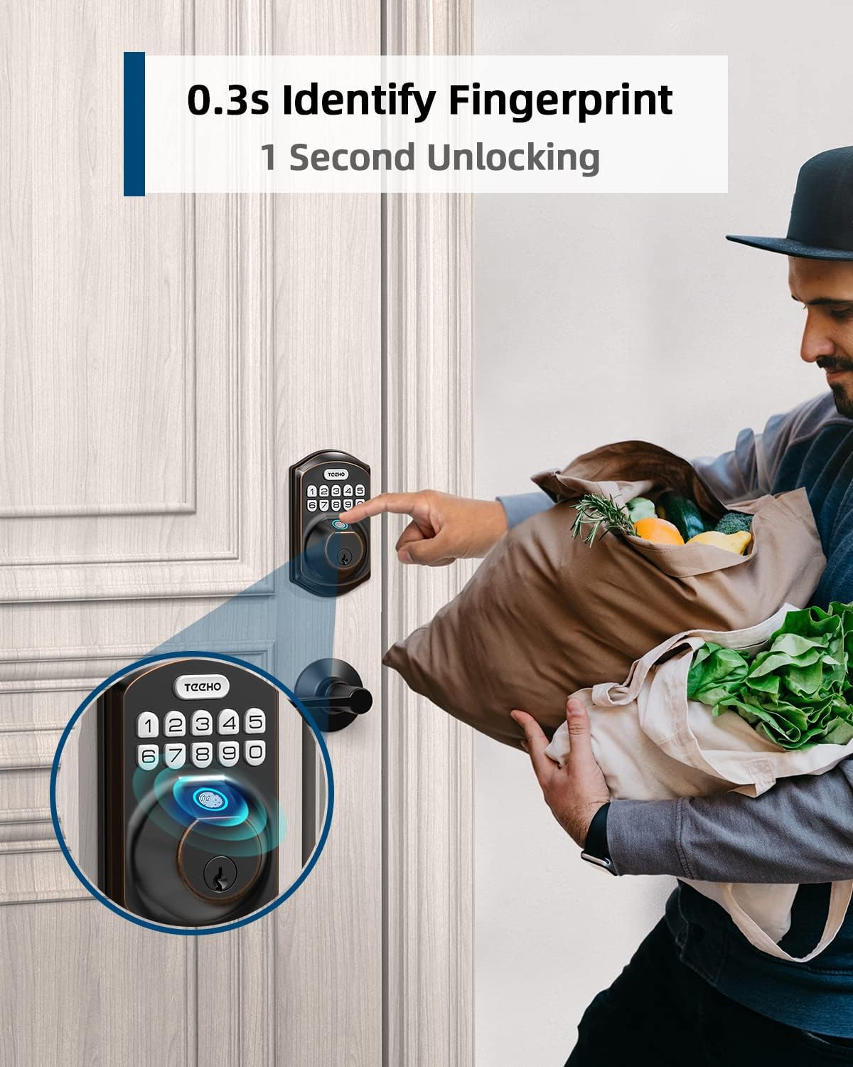 TEEHO Fingerprint Door Lock with 2 Lever Handles, Keyless Entry Door Lock with Handle, Electronic Keypad Deadbolt Front Door Lock Set with Auto Lock and 1 Touch Locking, Oil Rubbed Bronze