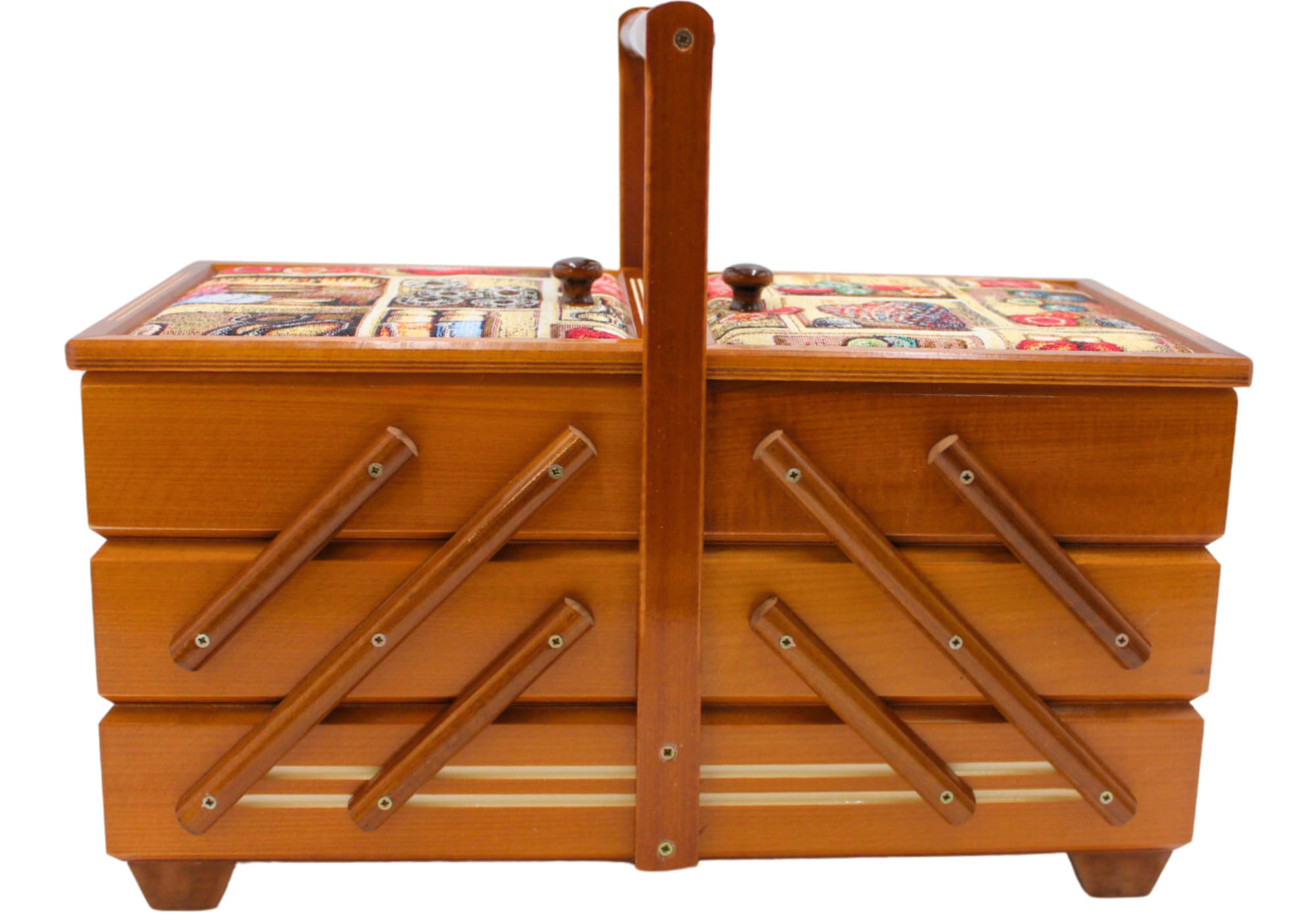 Boîte à couture de qualité supérieure en bois plaqué avec 7 compartiments et housse en tissu - Motif aiguilles en acajou - Dimensions (L x l x H) : 42 x 20 x 21 cm