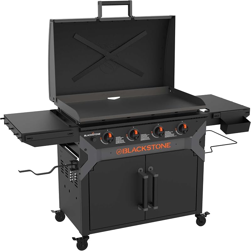 2309 Iron Forged 36” Omnivore Griddle with X-Braced Hood and Enclosed Cabinet, Powder Coated Steel, Black