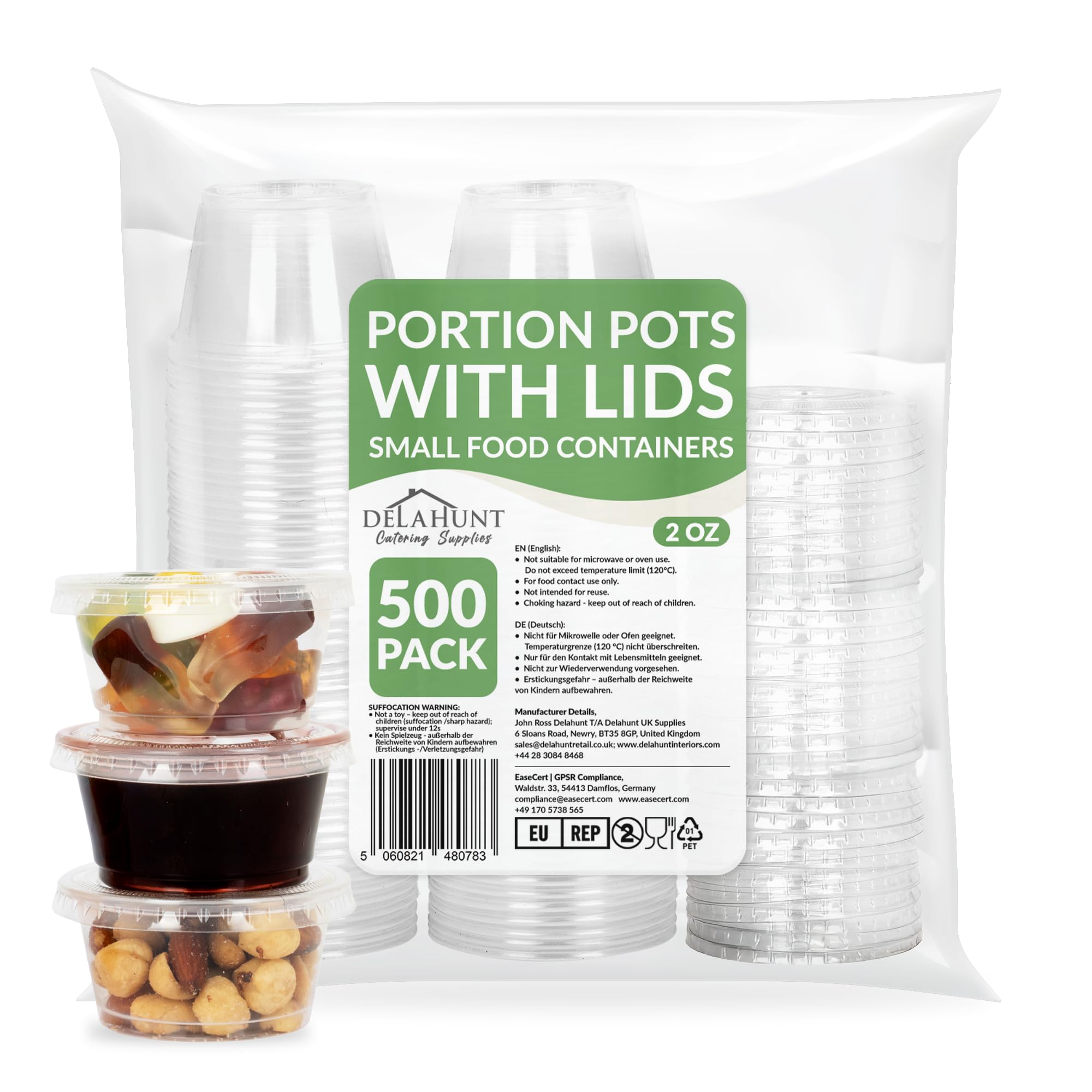Delahunt Catering Supplies 2oz (60ml) Clear Plastic Portion Pots with Lids [500 Pack] - Small Round Leakproof Containers for Food Preparation, Portion Control, Ingredient Storage and Meal Prep — image 1