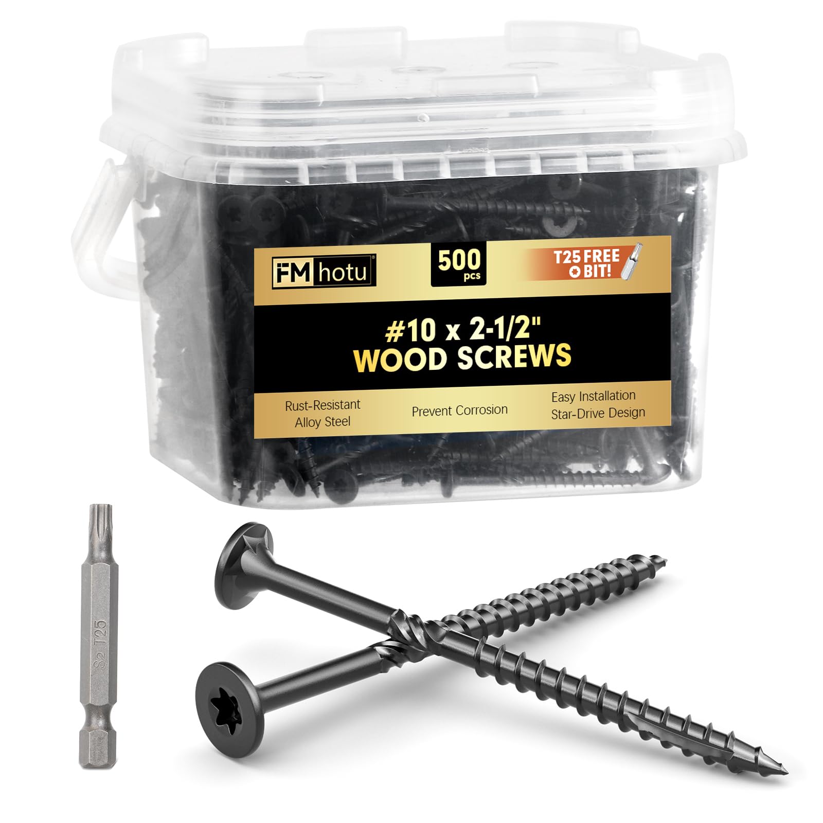 #10 x 2-1/2” Deck Screws, 500Pcs Star Drive Wood Screws, Rust Resistant Timber Screws for Timber/Log/Landscaping Wood, T25 Star Bit Included, Black