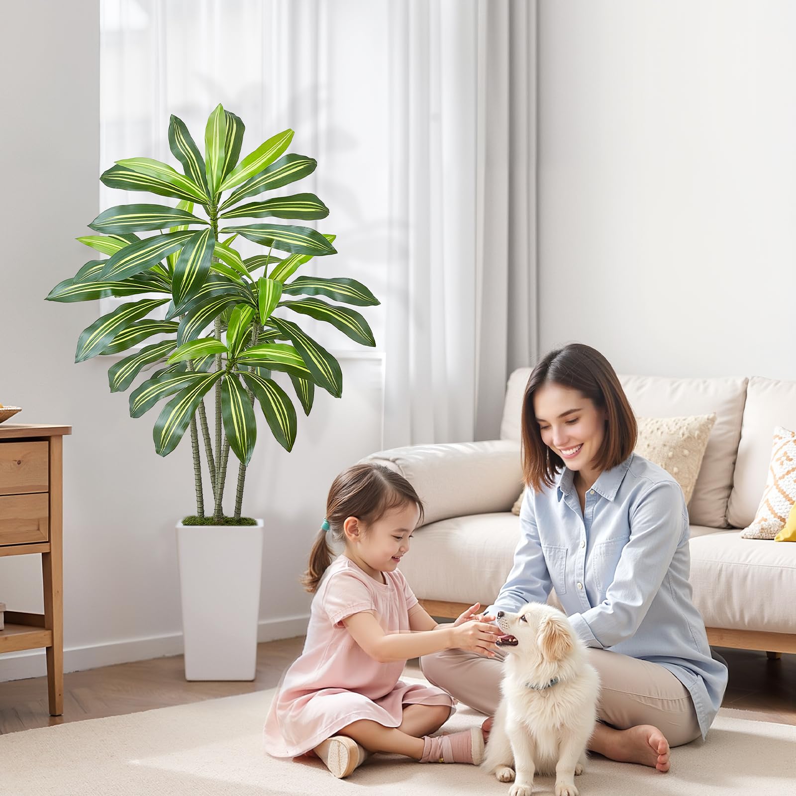 VEVOR Dracena Artificiale 1524 mm, Palma Tropicale Finta con Vaso Alto Bianco, Pianta Finta in Seta da Pavimento in Vaso, Grandi Alberi per Casa, Ufficio, Soggiorno, Decorazione Interna ed Esterna