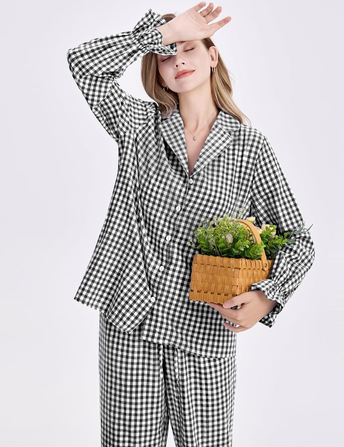 Flygo Womens Gingham Pajamas Sets Cotton Plaid Pjs Ruffled Sleeve Button Down Shirt Pants Y2k 2 Piece Lounge Set - Image 4