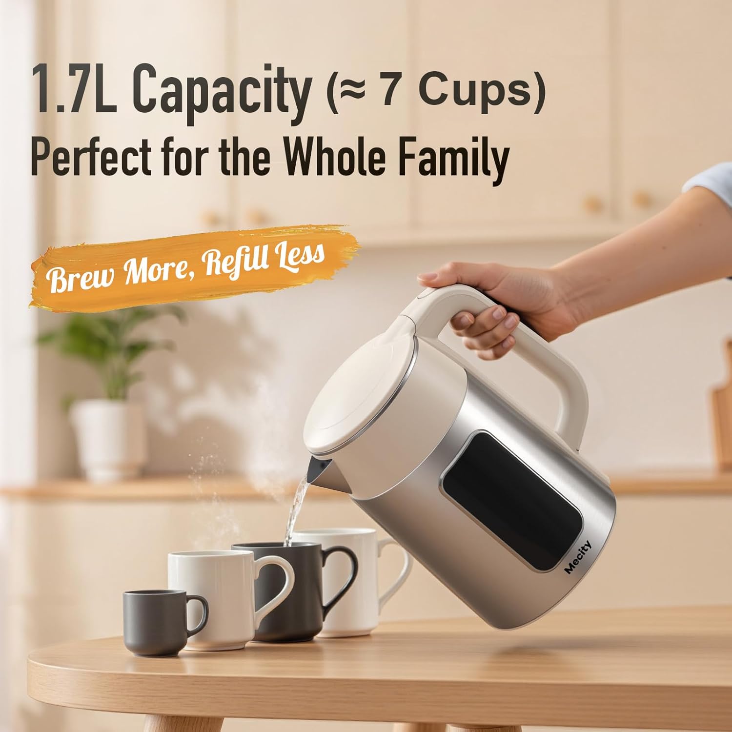 Mecity Electric Kettle 1.7L Touch Screen Temperature Control Water Boiler, No Plastic Contact with Water. 6 Presets For Tea and Coffee, 2 Hours Keep Warm, Auto Shut Off, Cream & Stainless Steel Color