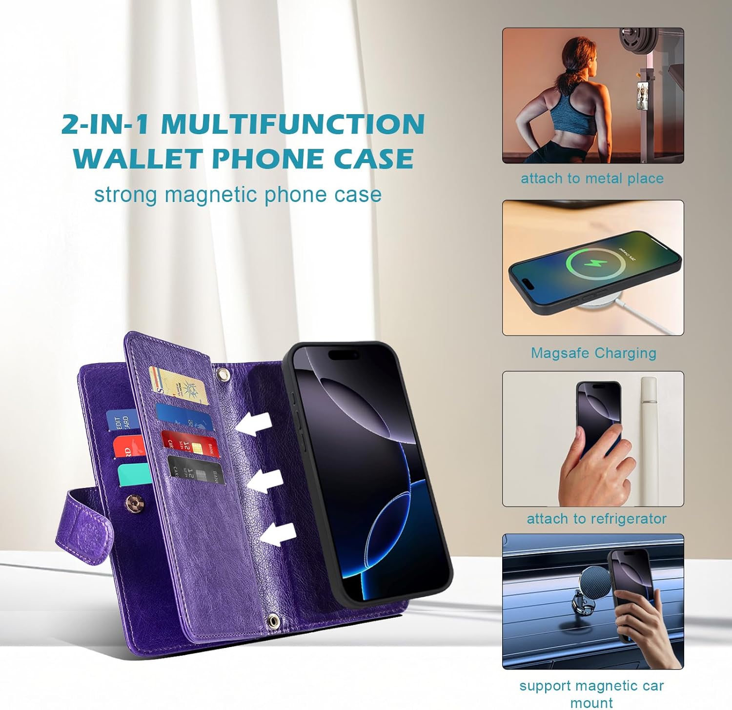 Harryshell for iPhone 16 Pro Max 5G Detachable Magnetic Case Wallet,Compatible with Magsafe Wireless Charging, [RFID Blocking] Card Slots, Cash Zipper Pocket Wrist Strap (Crossbody Purple)